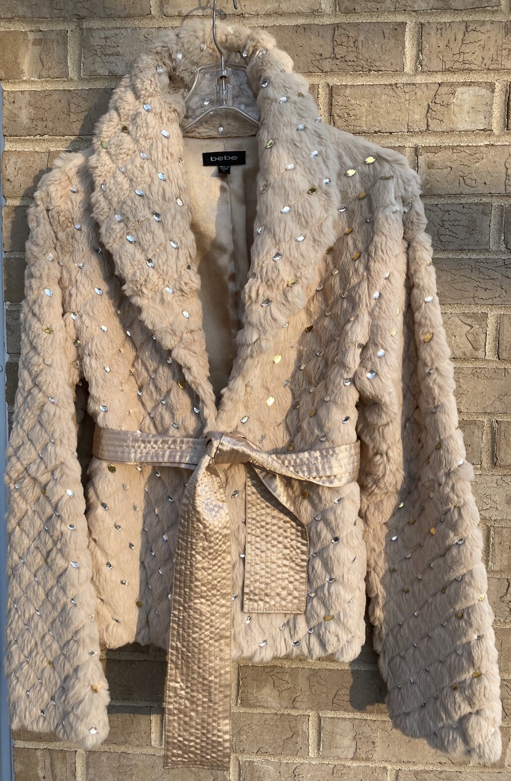 Vtg Rare Y2K 100% Dyed Rabbit Fur Jacket Fitted W/ Gold & Silver Sequins