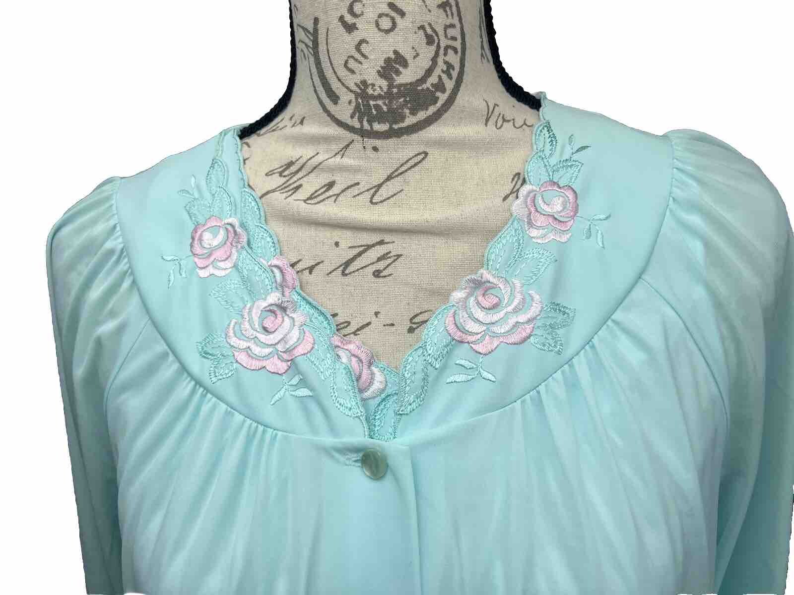 Vtg Shadowline 2 Pc Night Gown & Robe Housecoat Size M Blue Pink Flowers 70s
