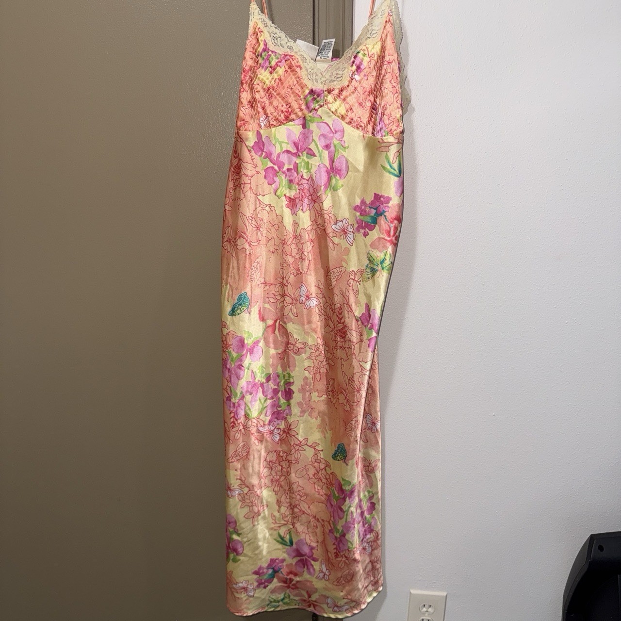 VINTAGE Kim Rogers Intimates Sz XL orange and pink floral satin dress