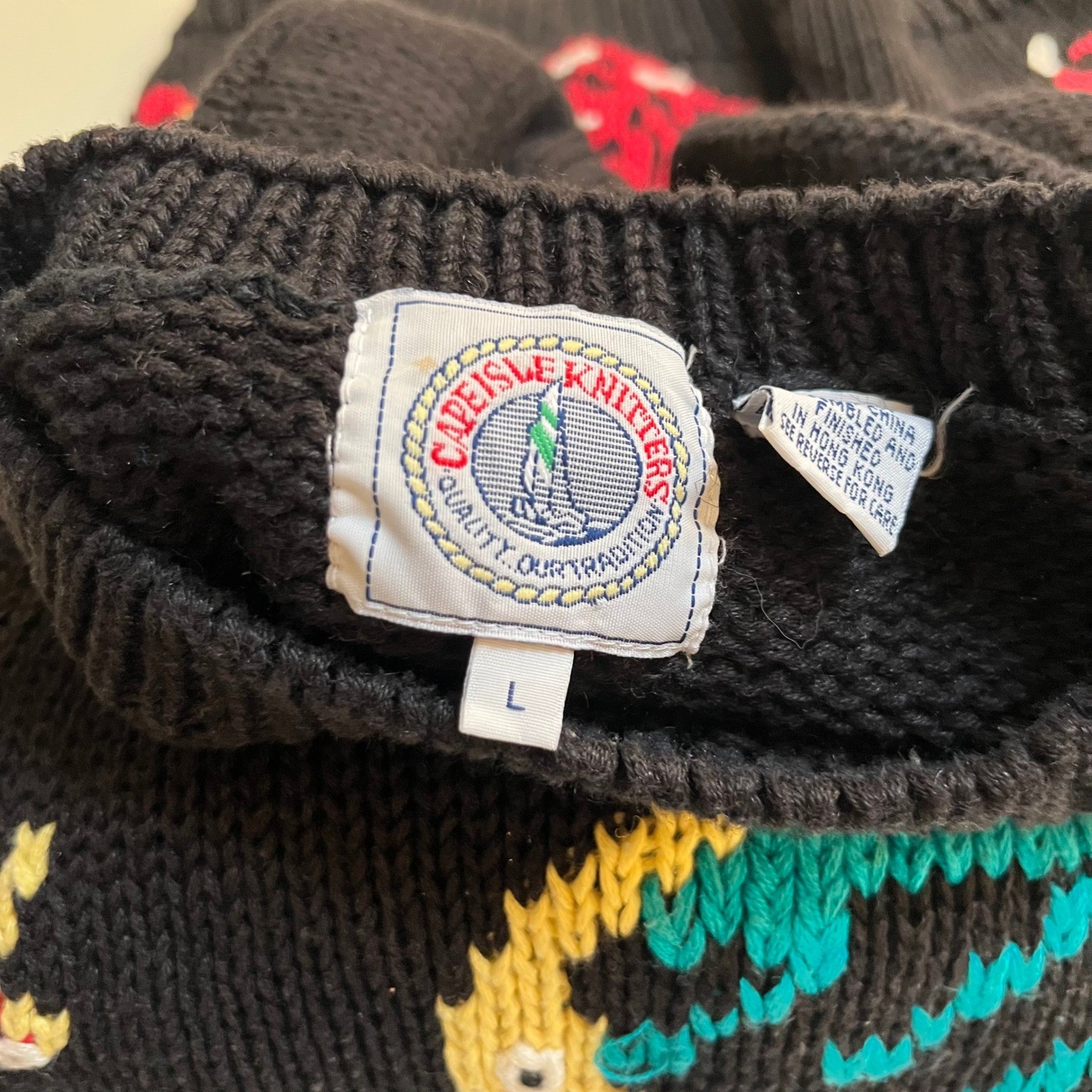 Cape Isle Knitters Vintage Tropical Fish Coral Reef Black Ramie Cotton Sweater L