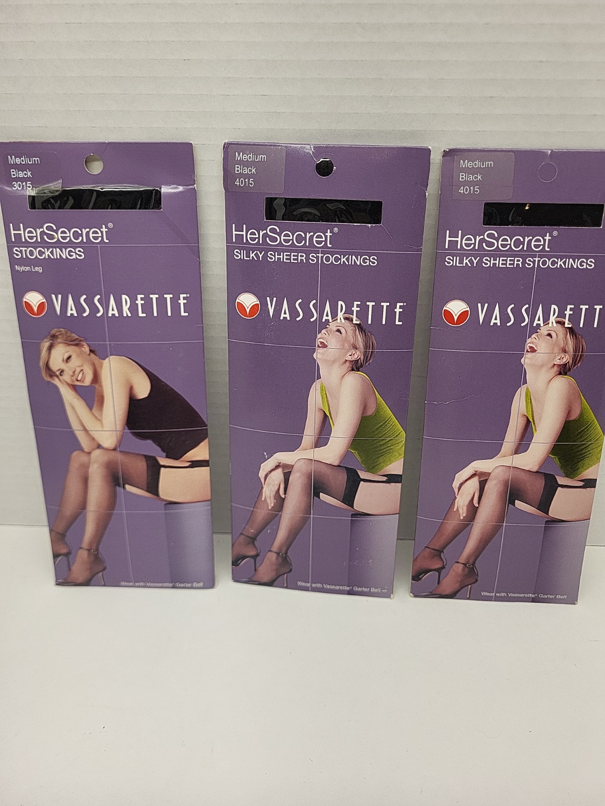 Lot of 3 Vassarette Black Silky Sheer Stockings & 3 Garter Belts, 2 White 1 Blk