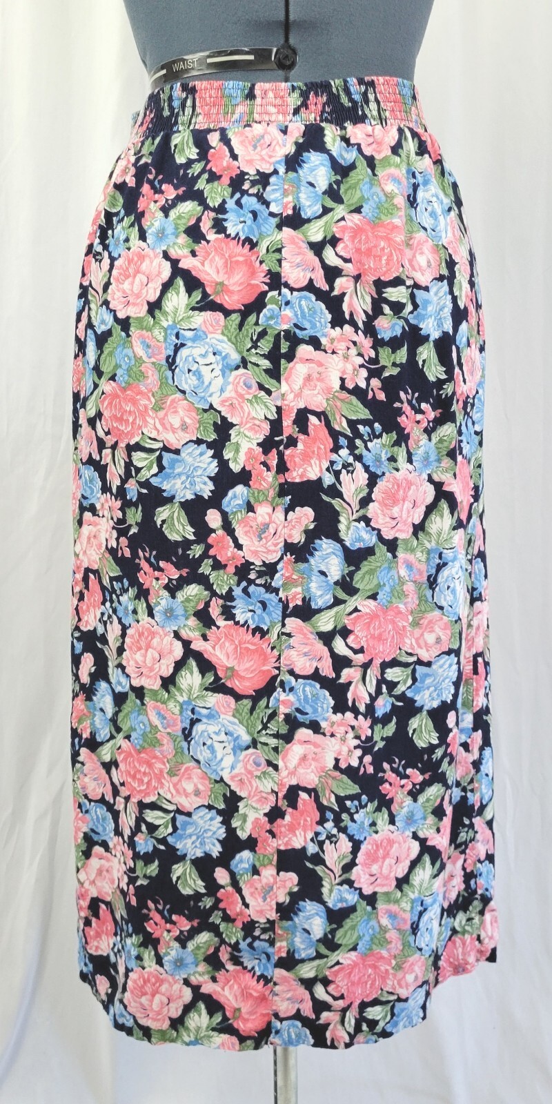 Vtg Van Heusen for Her Blue Floral Skirt w Front Band & Elastic Back Size 10
