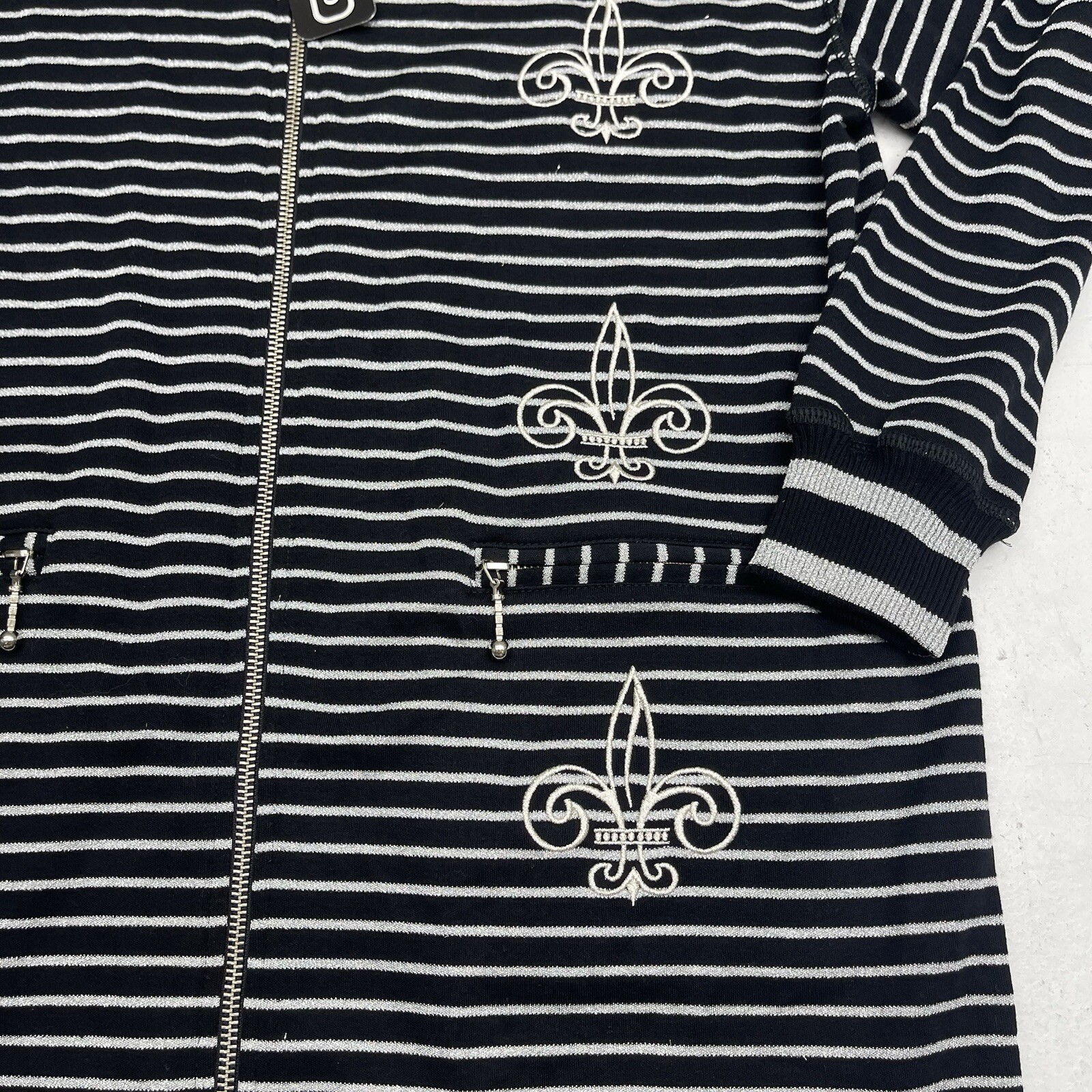Vintage Molto Fino Black Silver Stripe Fleur De Lis Zip Up Jacket Women’s S New