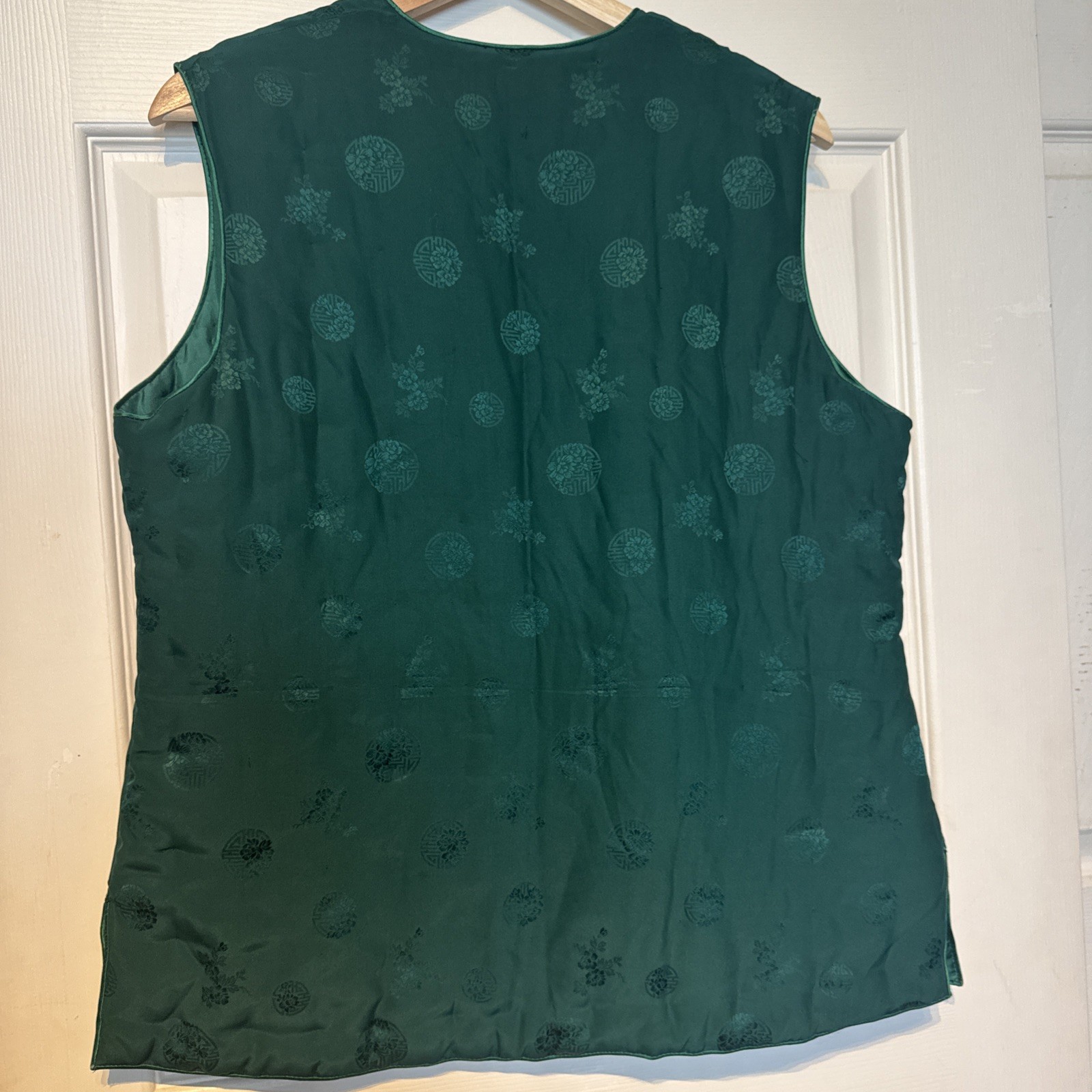 Vintage Double Horse Emerald Green Pure Silk Lined Asian Inspired Vest-Women XL