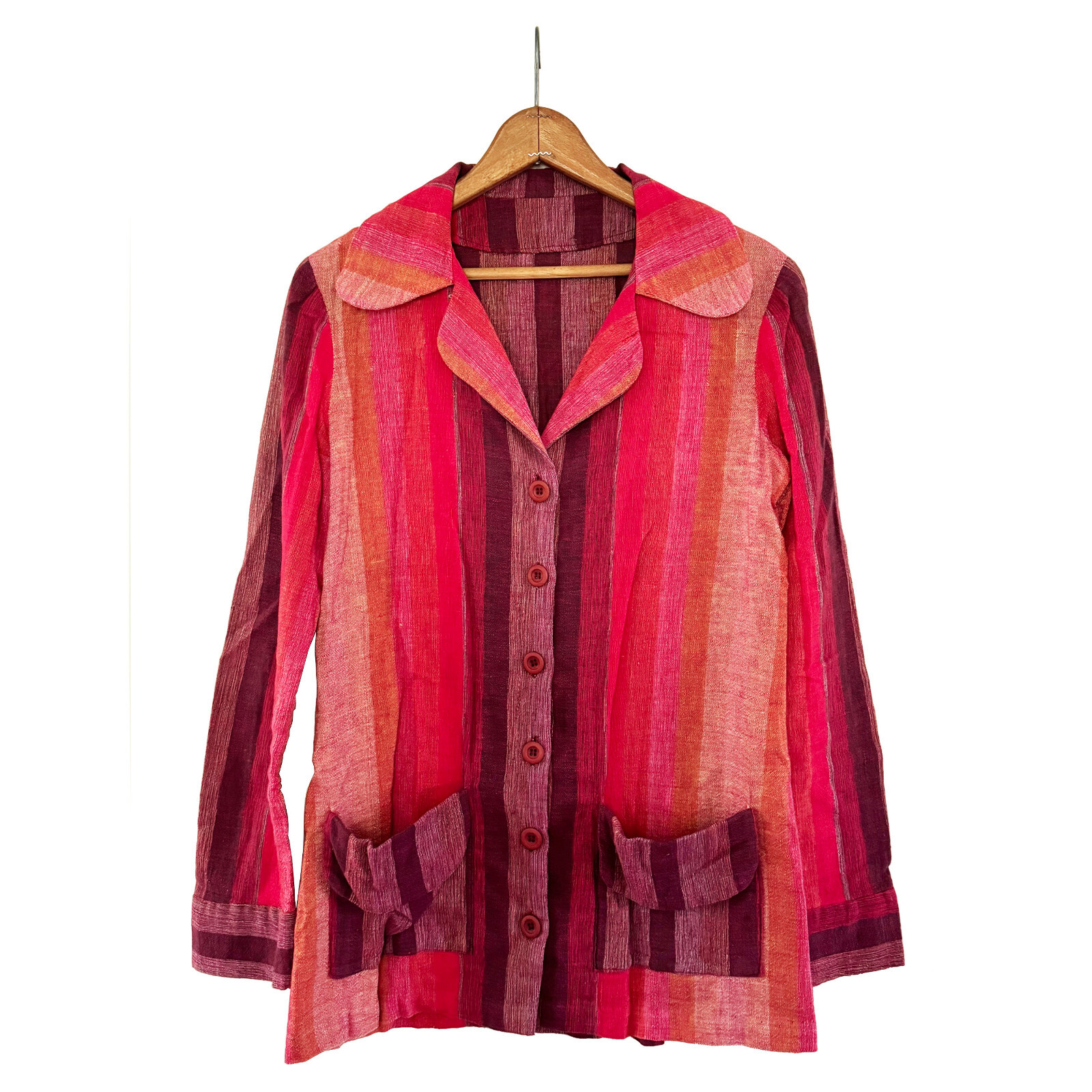 Vintage 70s Womens Pants Suit Red Ombre Striped Cotton Woven Jacket Pants Size 8