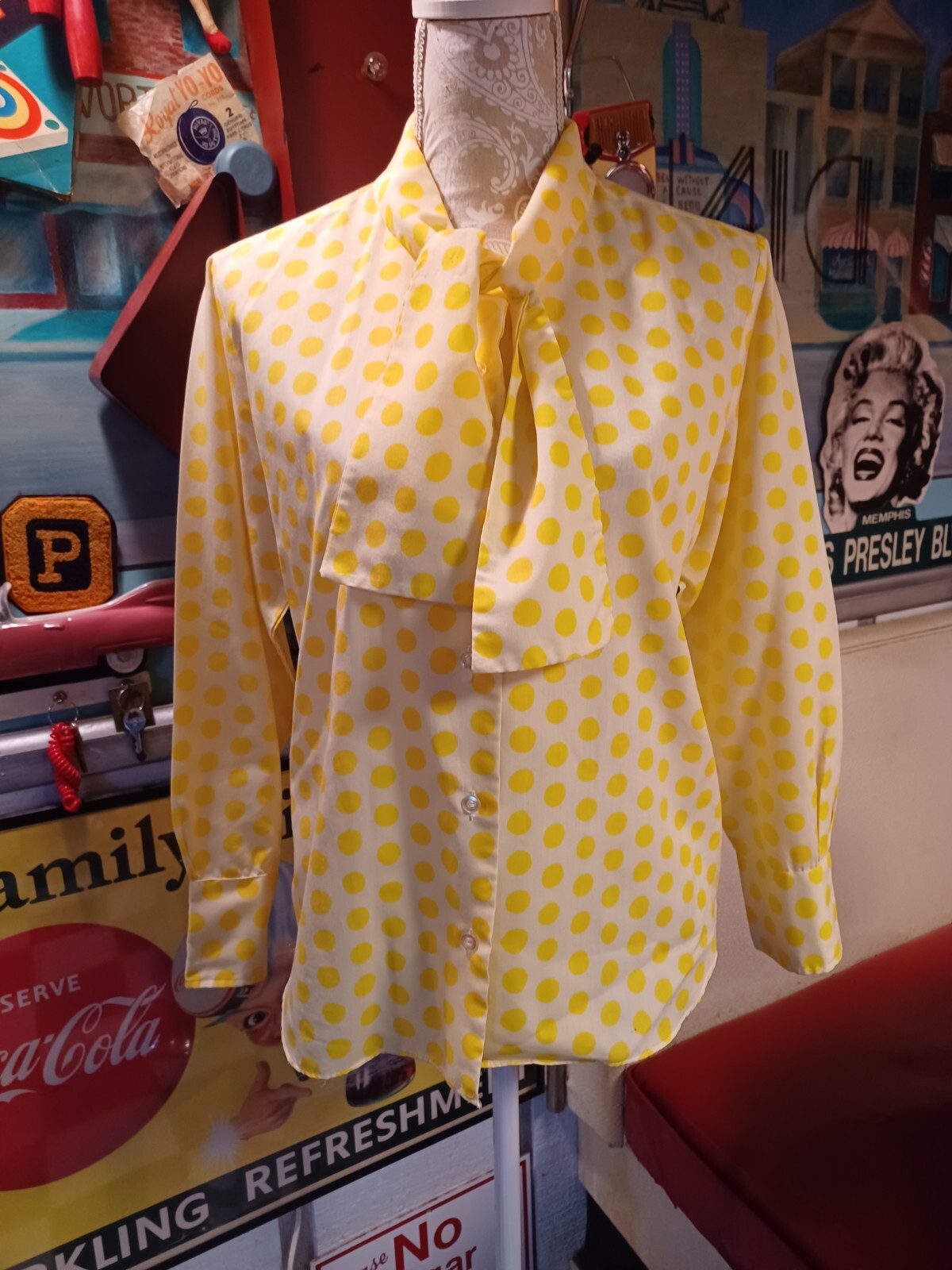 True Vintage Mid-century 1960s Yellow Polka Dot Brentshire Blouse Shirt MCM Mod