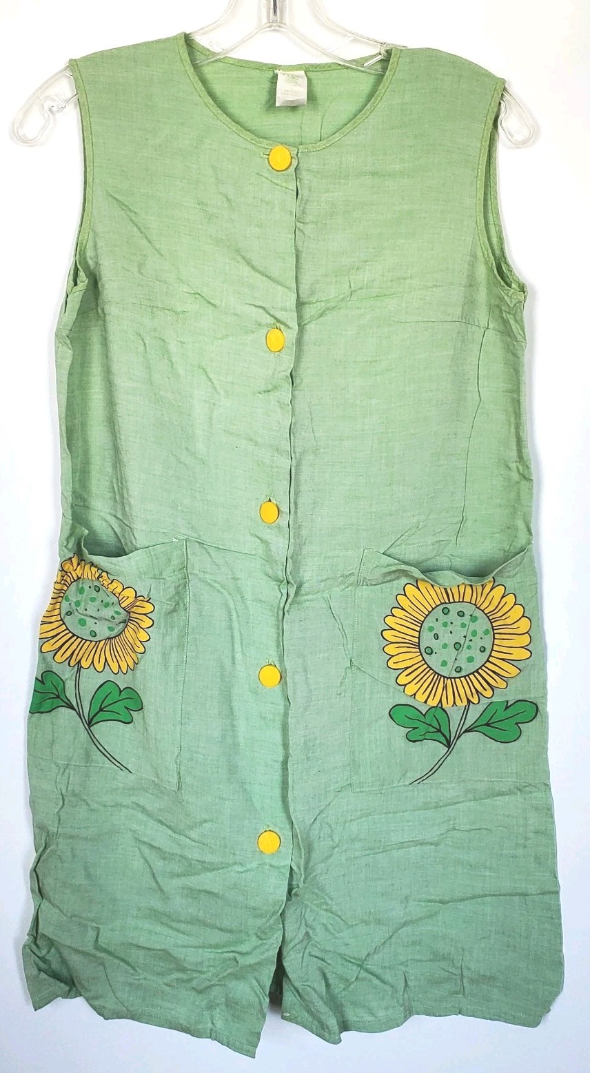 Vintage 60s Green Yellow Housecoat Hippie Dress Sunflowers Size Small VTG