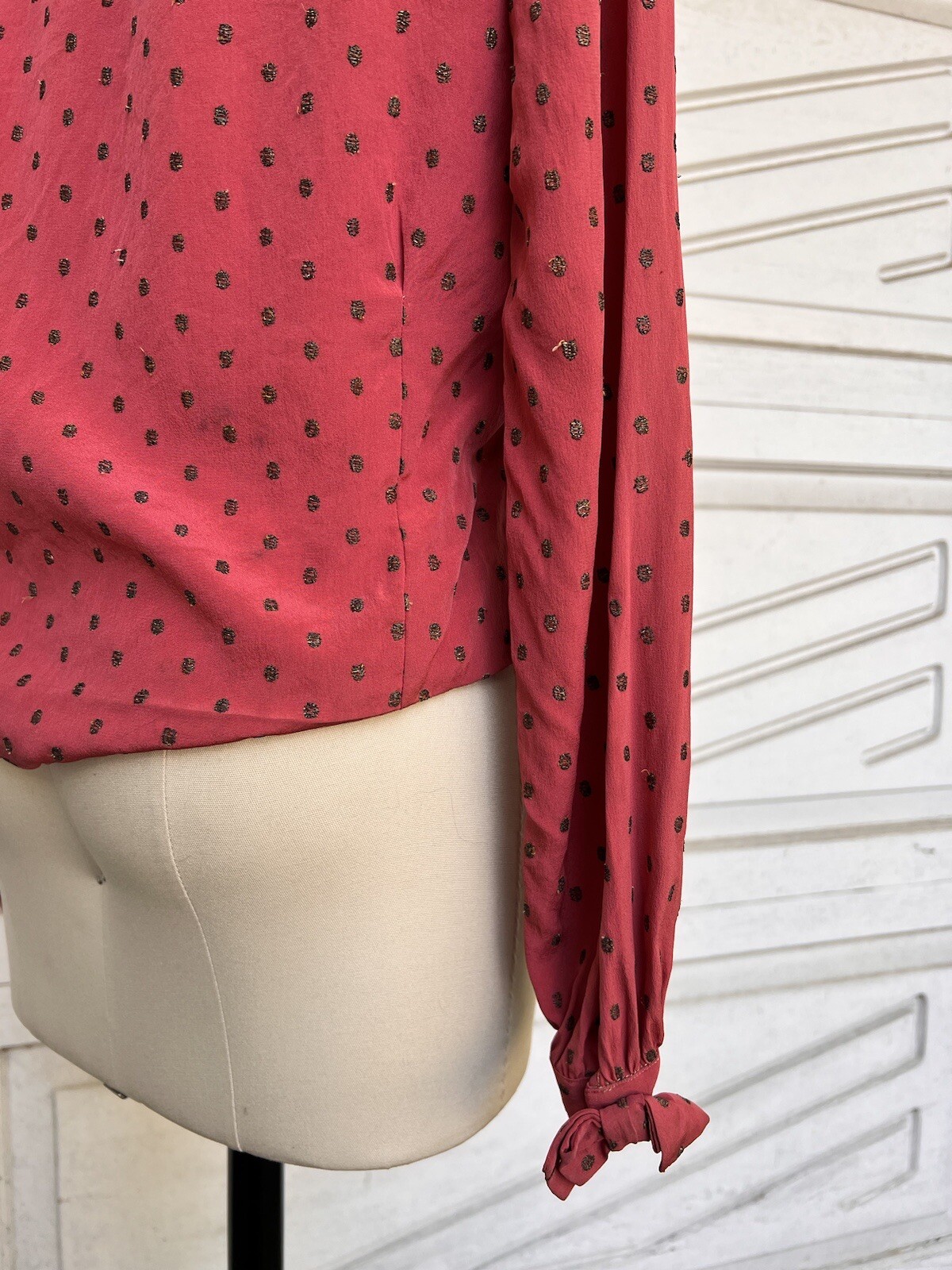Vintage 1930s 40s Raspberry Silk Blouse Shirt Gold Metallic Dot Embroidery Bows