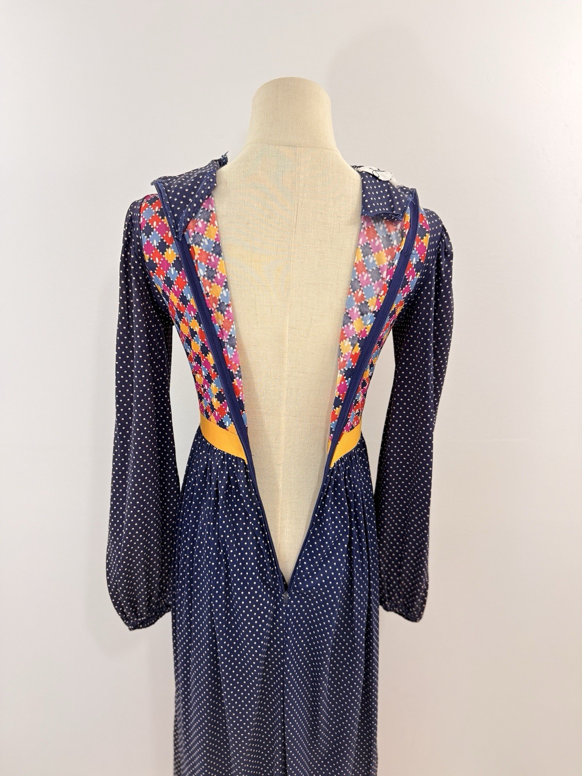 Jonathan Logan 70s VTG Navy Maxi Dress Microdot Faux Patchwork L/S Retro Boho