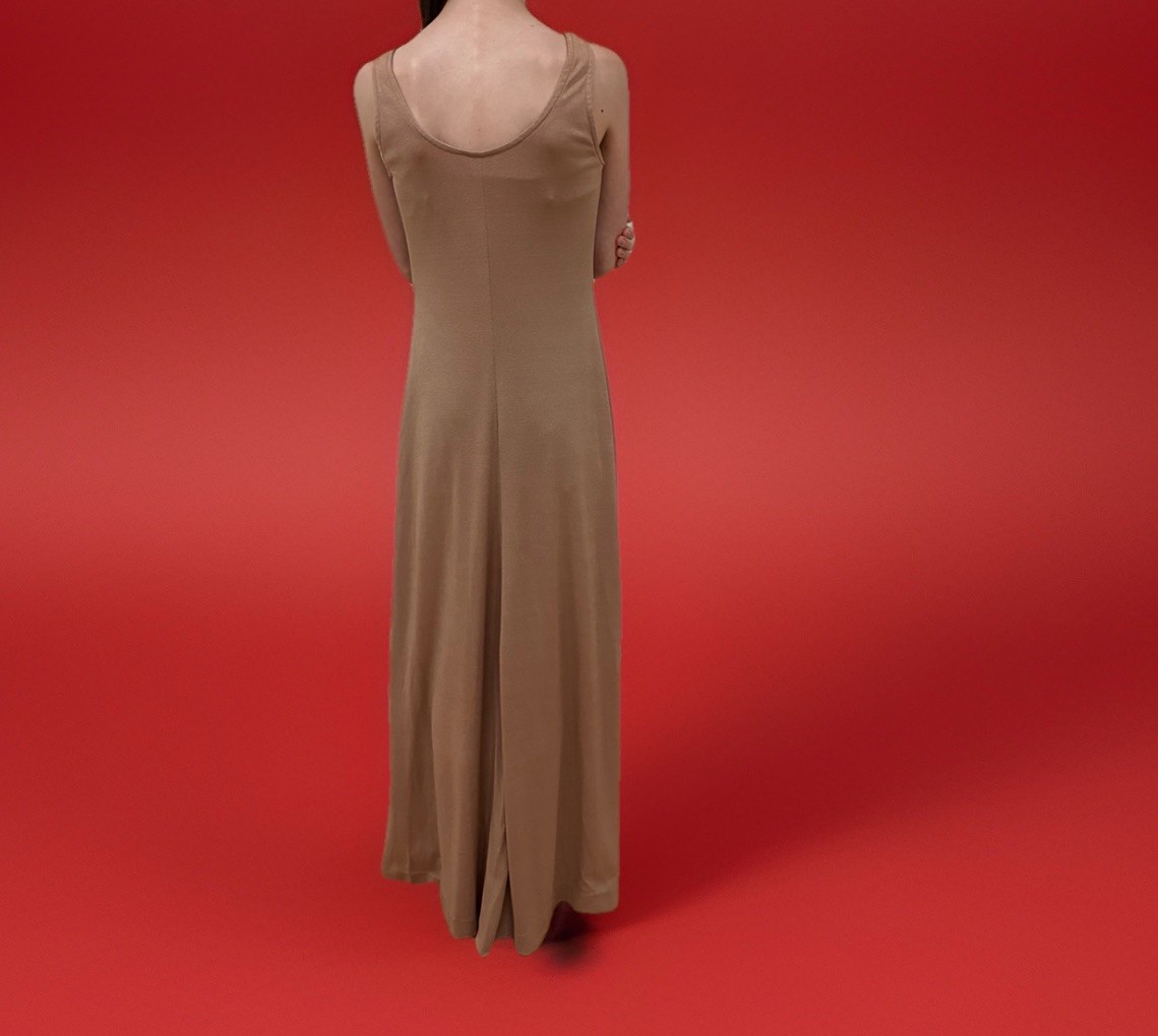 Vintage Tan/Beige Maxi Dress 1970s/Early 80s Boho Indie Sleeveless Fit & Flare