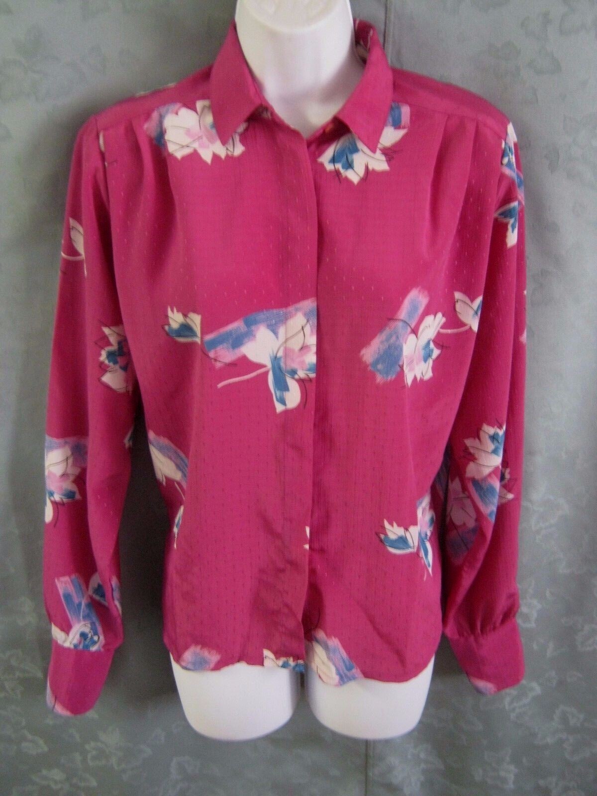 Vintage Marlis Blouse Size 6 Magenta Pink Jacquard Print Floral Career Top