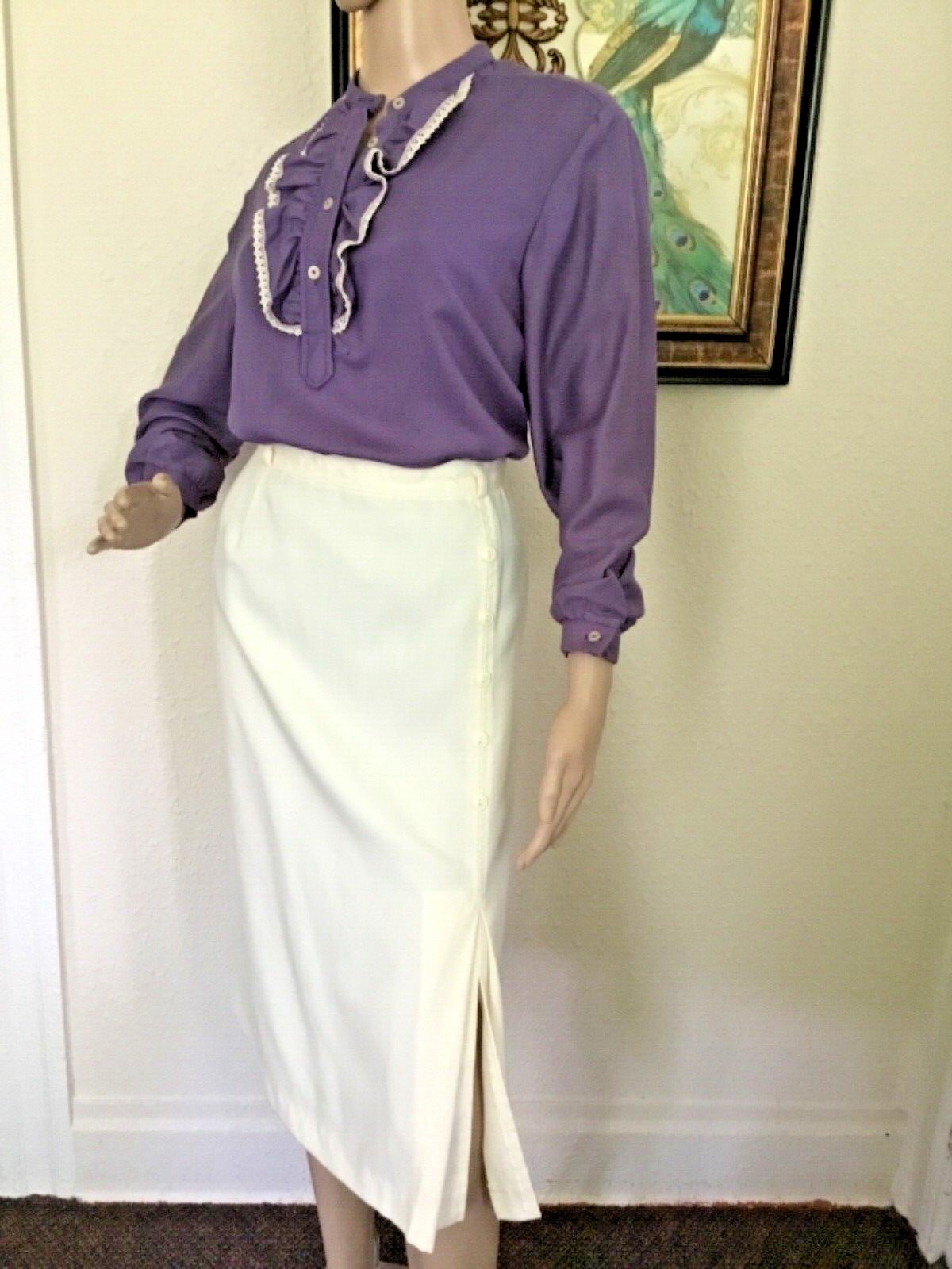 70’s Vintage Purple Boho Lace Ruffle Western Blouse Midi Skirt Set