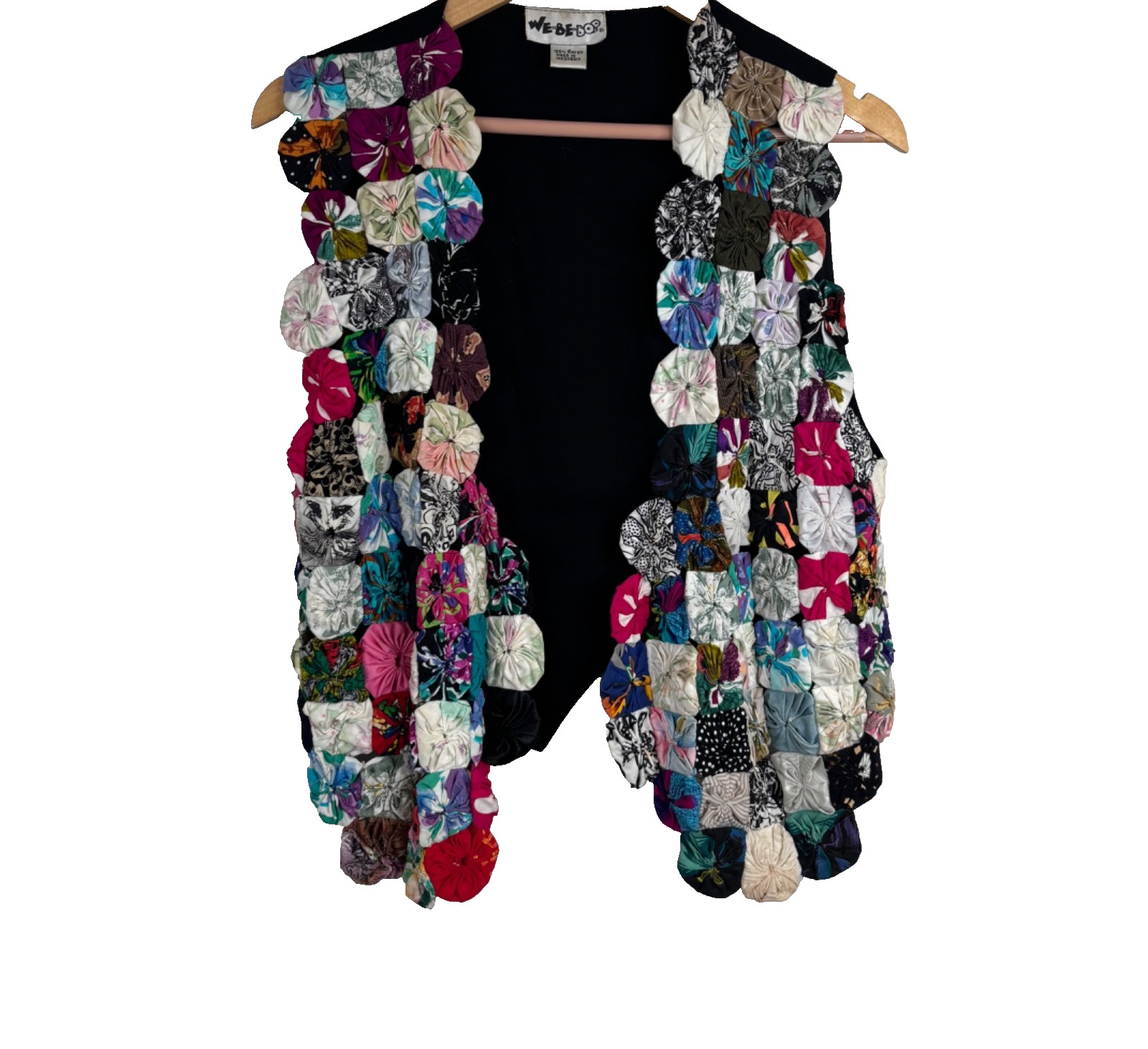 VTG 90s Patchwork Vest L Multicolor Rosette Boho Whimsigoth Eclectic Art Granny