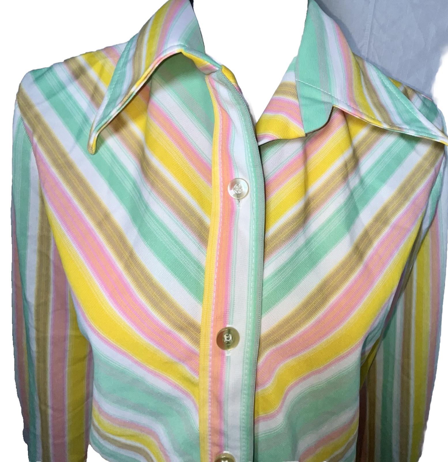 Vtg Shirt 70s Polyester Top Collar Spring Pastel Stripes Pink Aqua Brown L XL 40