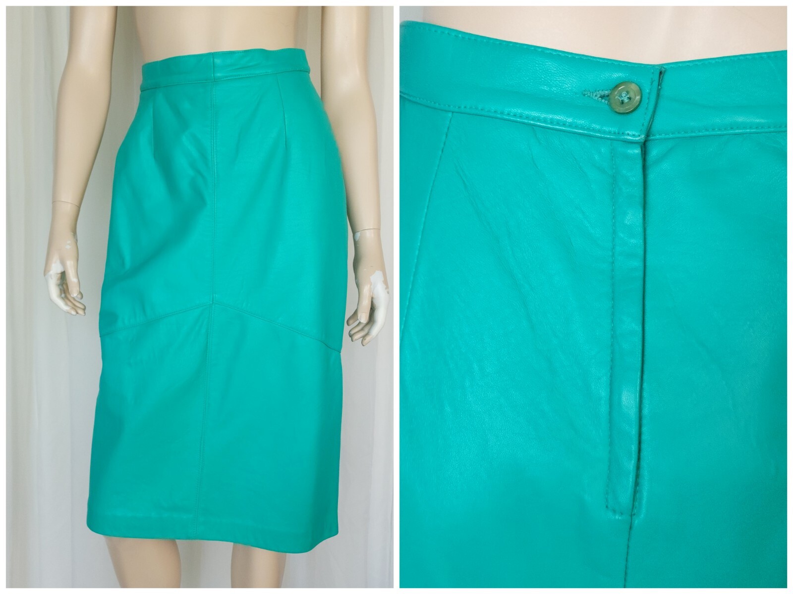 Vtg 80s Rumors n Gossip 2pc Leather Blazer & Skirt Suit Set aquamarine S/M
