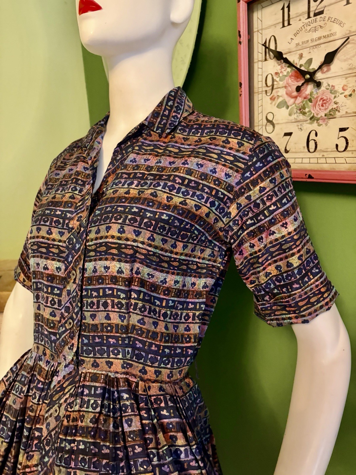 Vintage 1950’s Graphic Print Shirtwaist Day Dress Westbury Fashions S 36/26