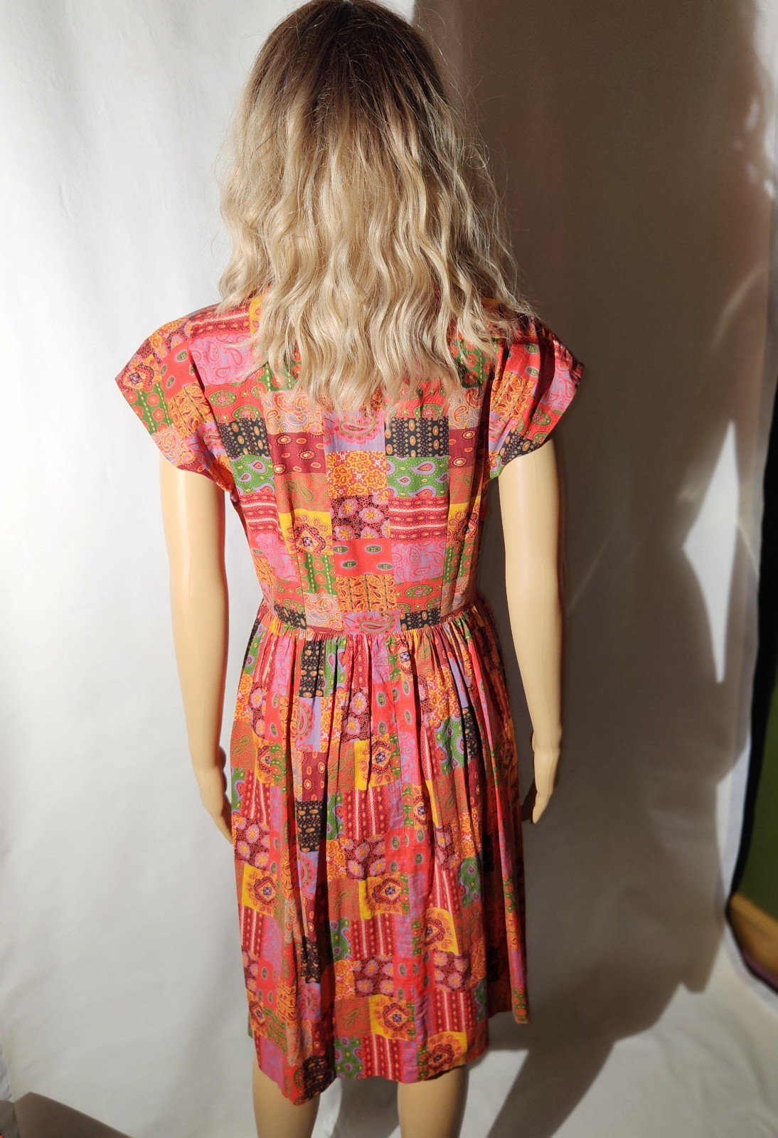 VINTAGE PATCHWORK PRINT ORANGE TIE UP DRESS PAISLEY PRINT GROOVY DAY DRESS M/L