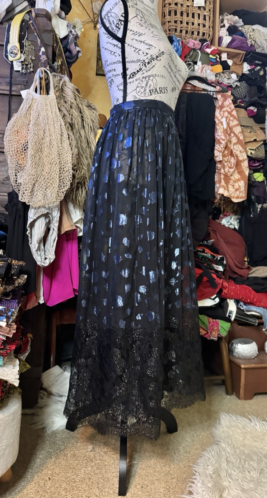 Vtg Geoffrey Beene Sheer Metallic Semi Black Maxi Silk Skirt Lined Lace Blue XS