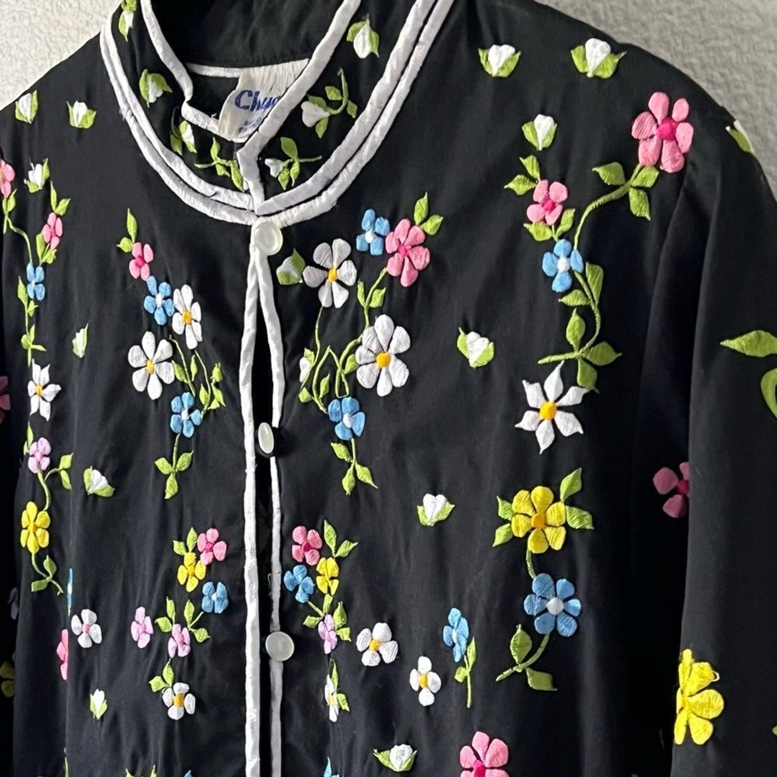 Chuchi San Diego Vintage Floral Garden Embroidered Black Jacket Size Small
