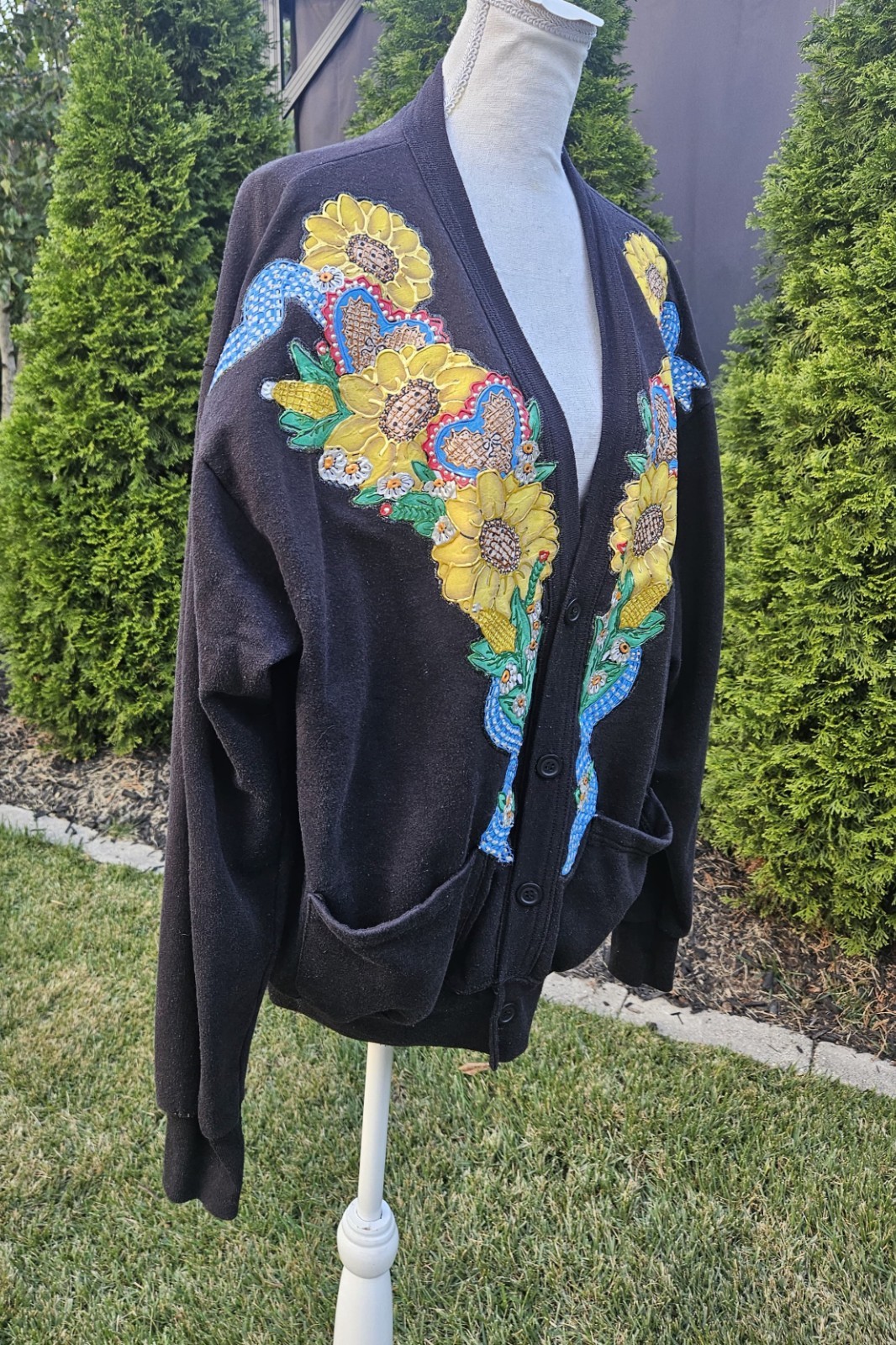Vtg Quitman USA Sweatshirt Black Painted Applique Sunflower Corn Art One Size