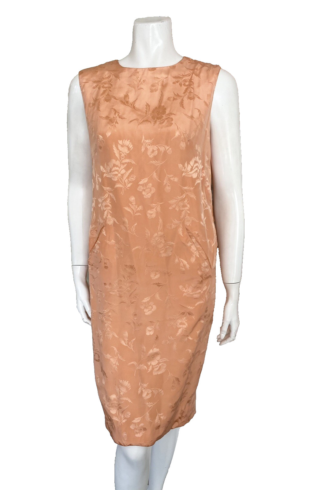 Vintage Bruce Arnold Peach Coral Silk 1960s Asian Floral Sheath Dress 10 Orange