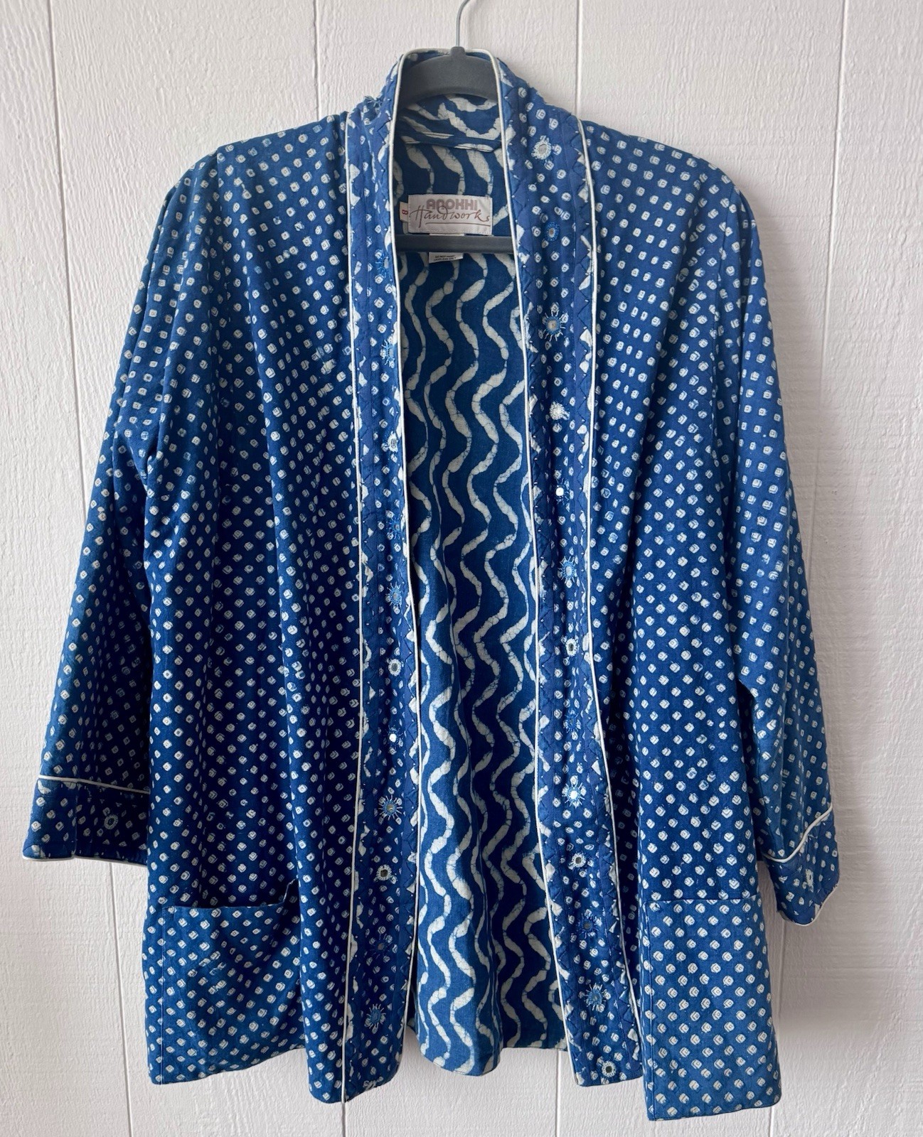 Vintage Anokhi Indian Hand Block Printed Indigo Cotton Kimono Cardigan Jacket
