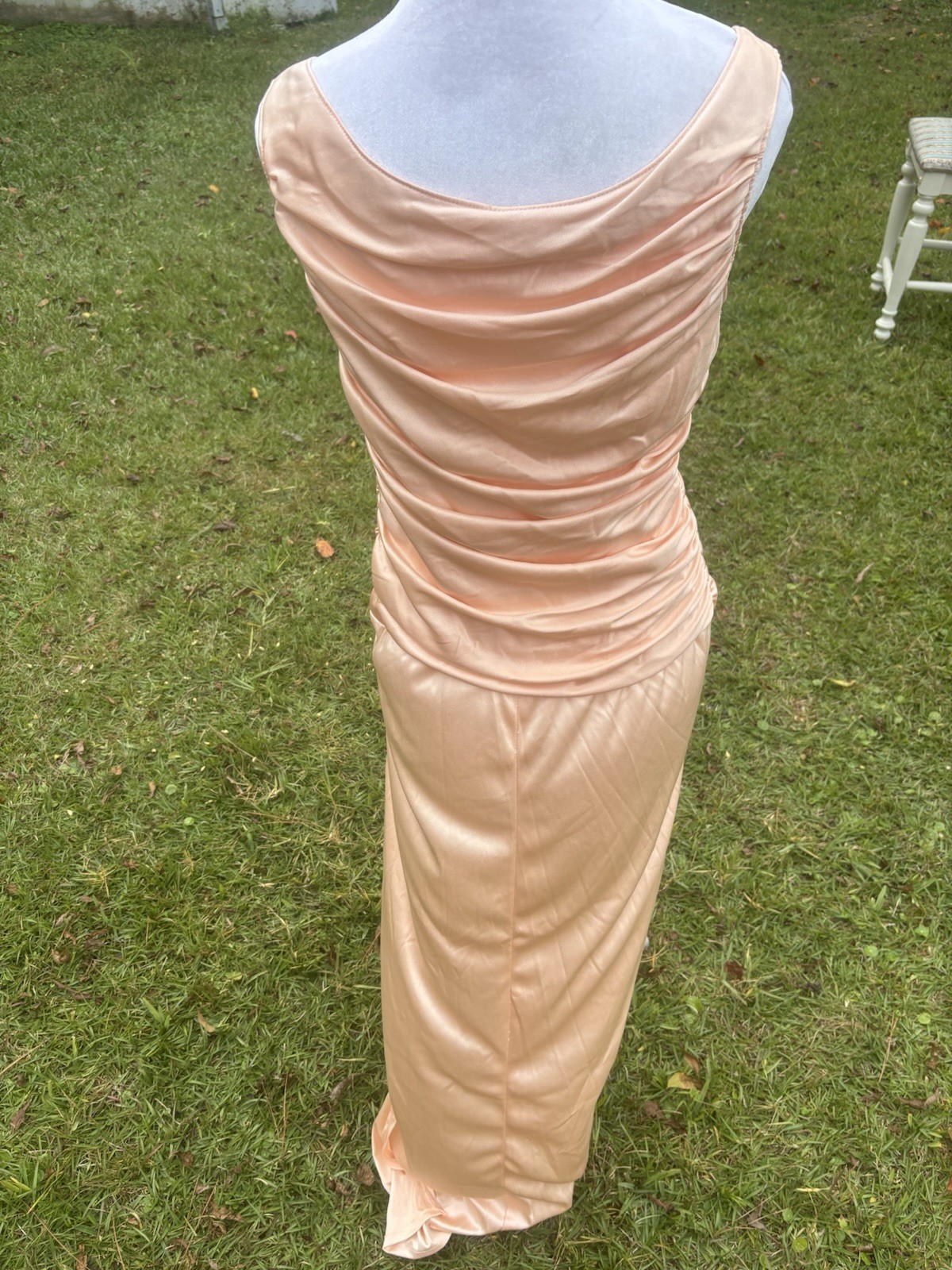 Vintage Peachy Ruched Gown and Jacket with Open Back Split Side 70s Size 12
