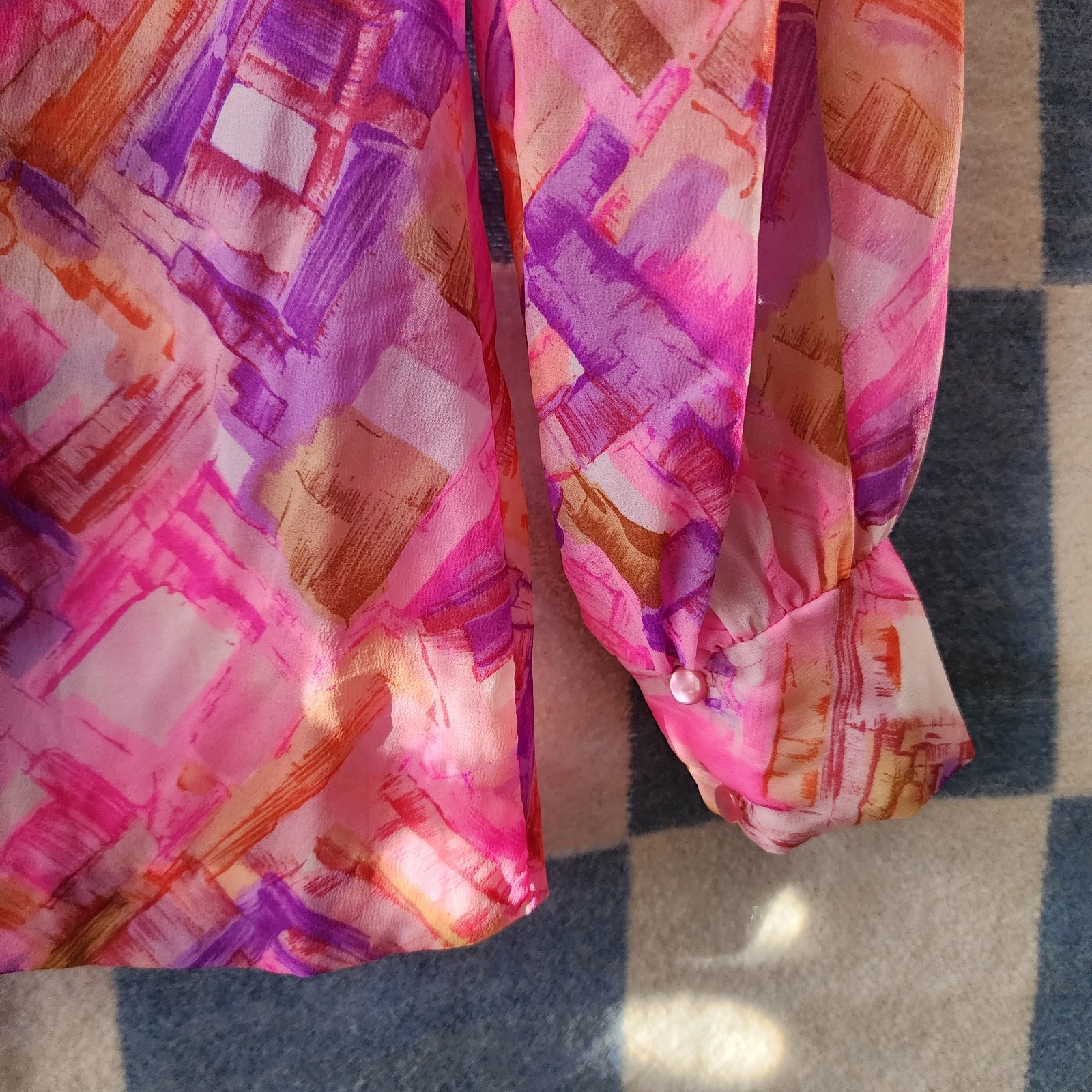 1970s Vintage Neon Mardi Modes Blouse Semi Sheer Dagger Collar Medium