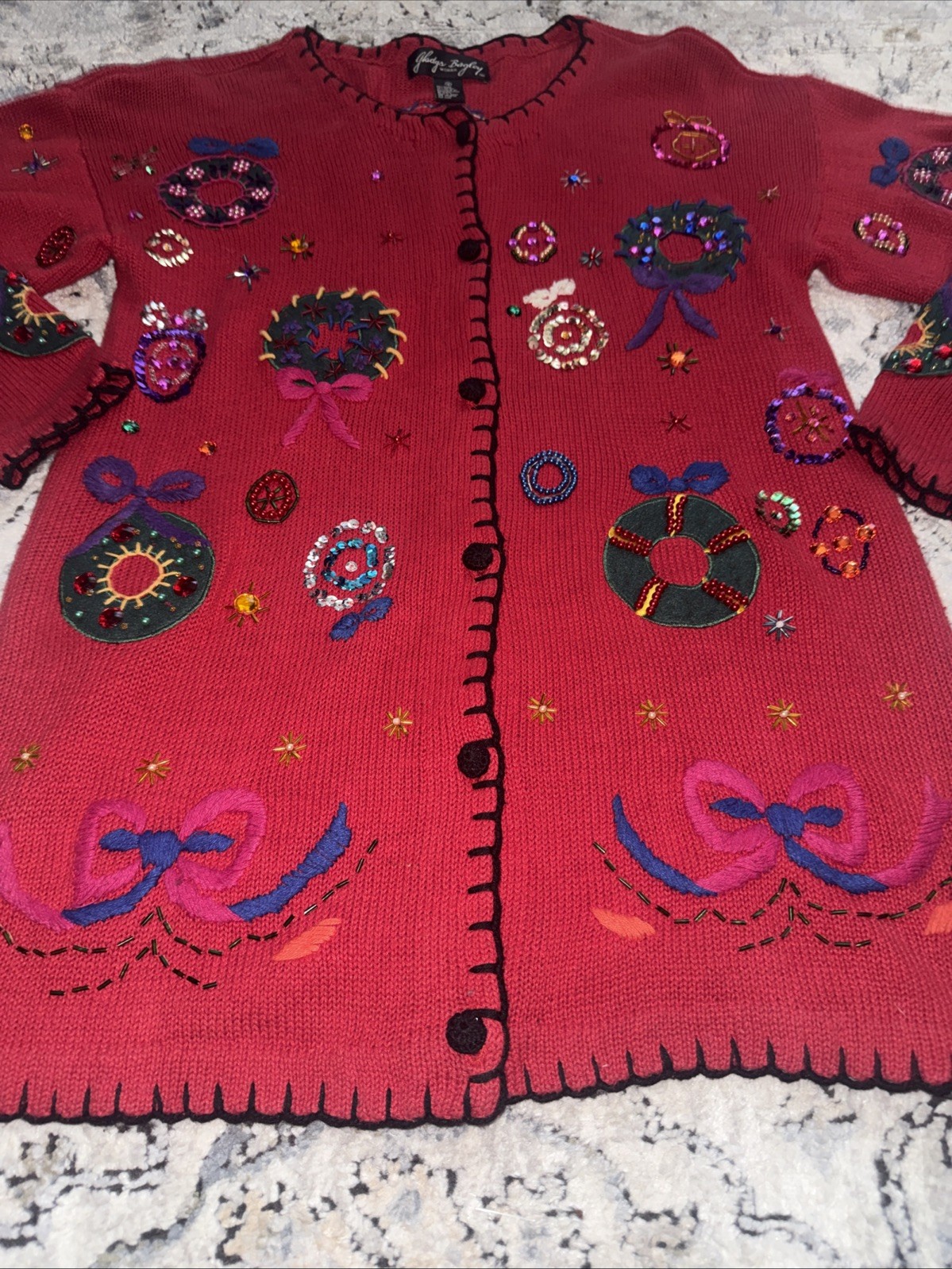 VTG Gladys Bagley Christmas Cardigan Knit SWEATER 1X Beads Rhinestone Embroidery