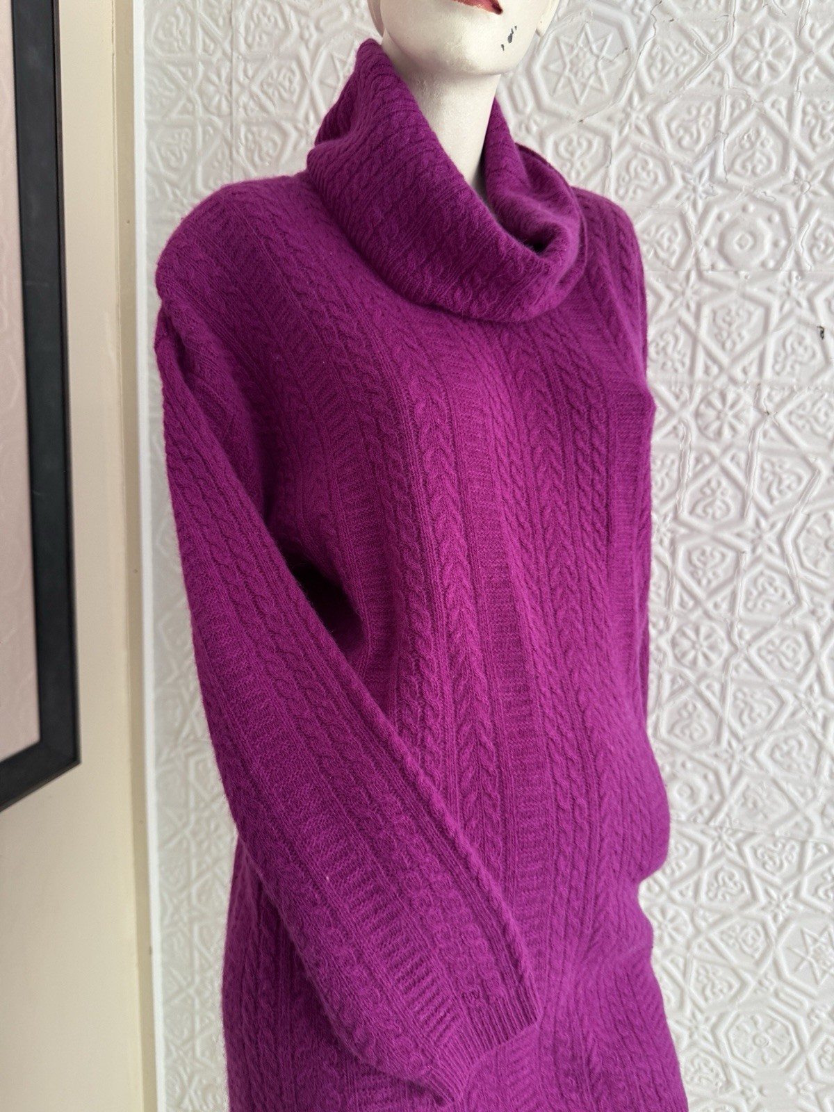 vintage sweater 1980s lambswool angora cable knit turtleneck pink M oversized