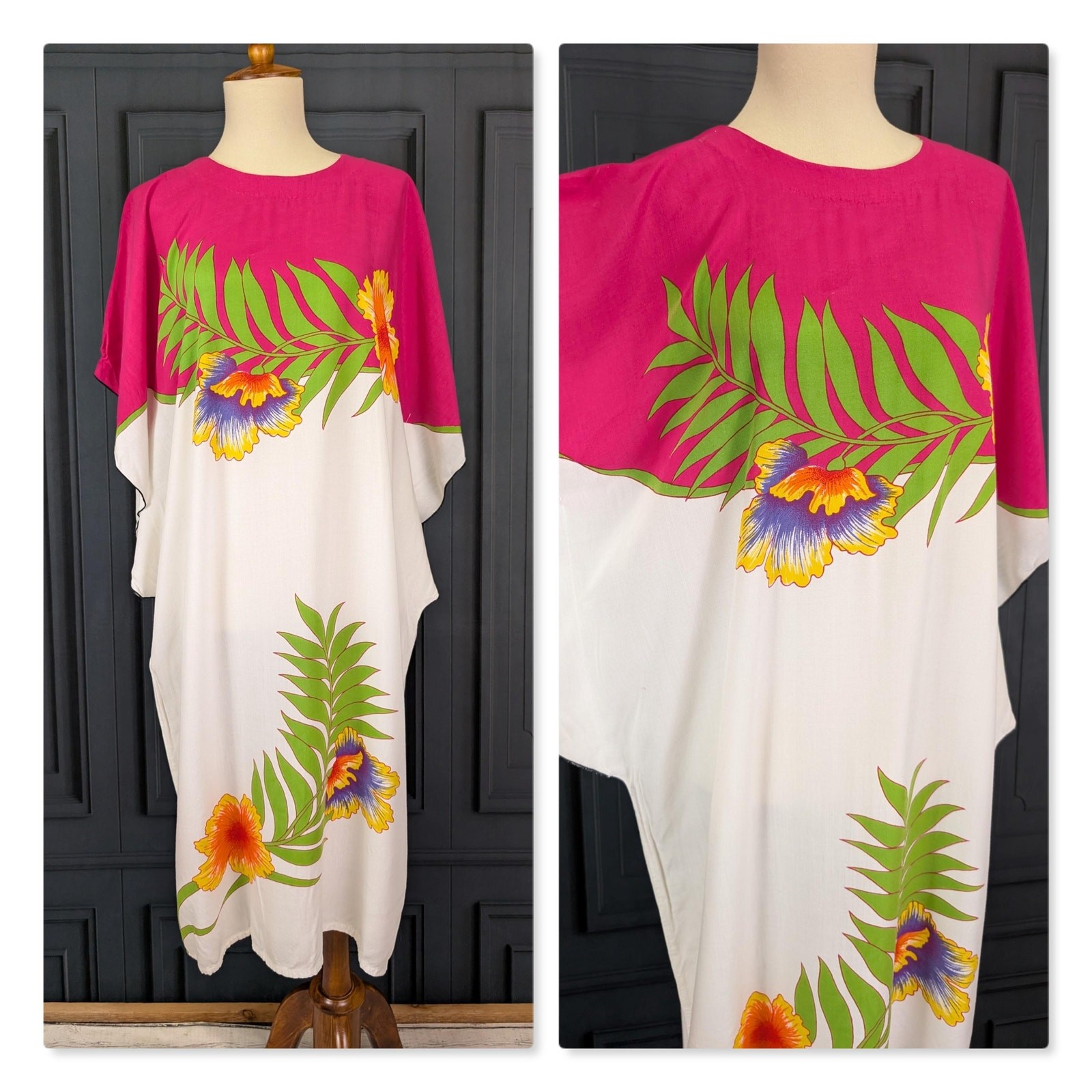 Vtg Indonesian Batik Caftan Pink Floral Flower Print Hippie Maxi Dress Muumuu