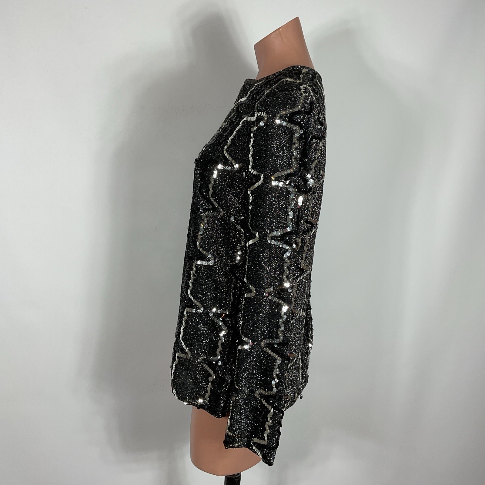 VTG 70s Elinor Gay original black silver sequin blouse top mid century sz 14 MOD