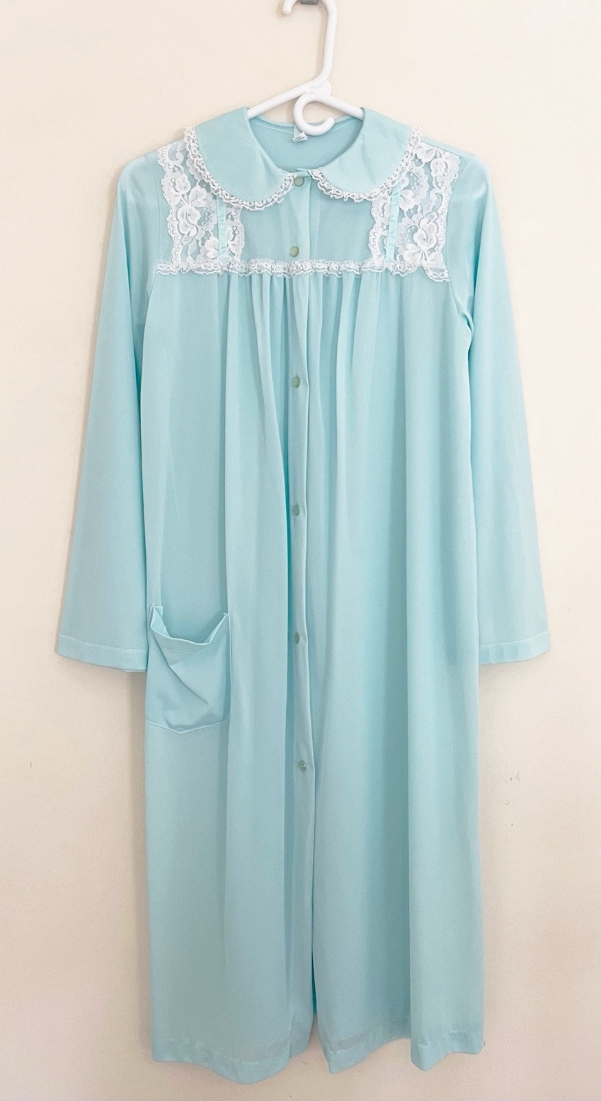 Vintage NANCY KING Robe Sz S Blue Nylon Satin Button Up Lace Pocket Collared