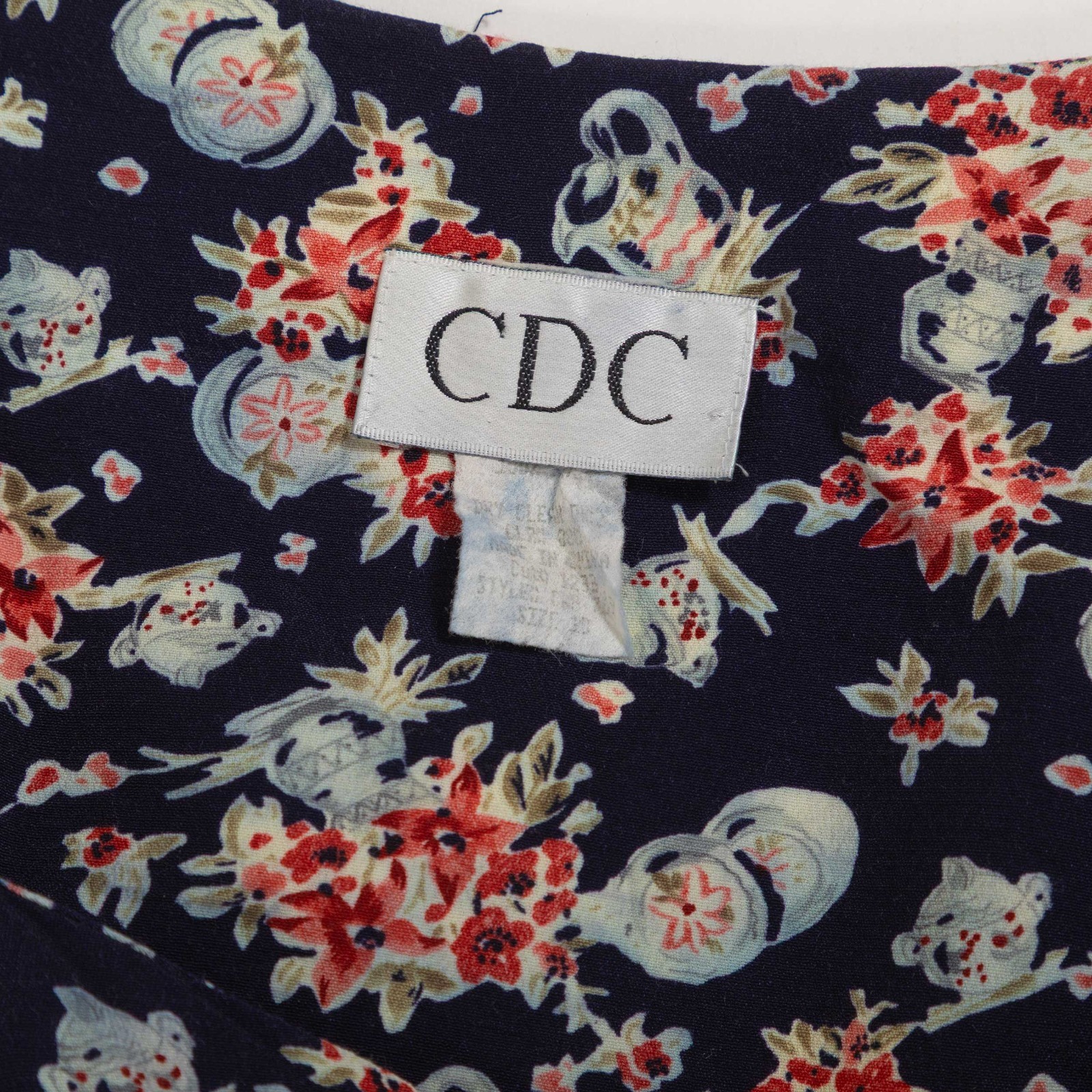 90s Vintage CDC Navy Floral Novelty Print Button Down Midi Dress Grunge 10