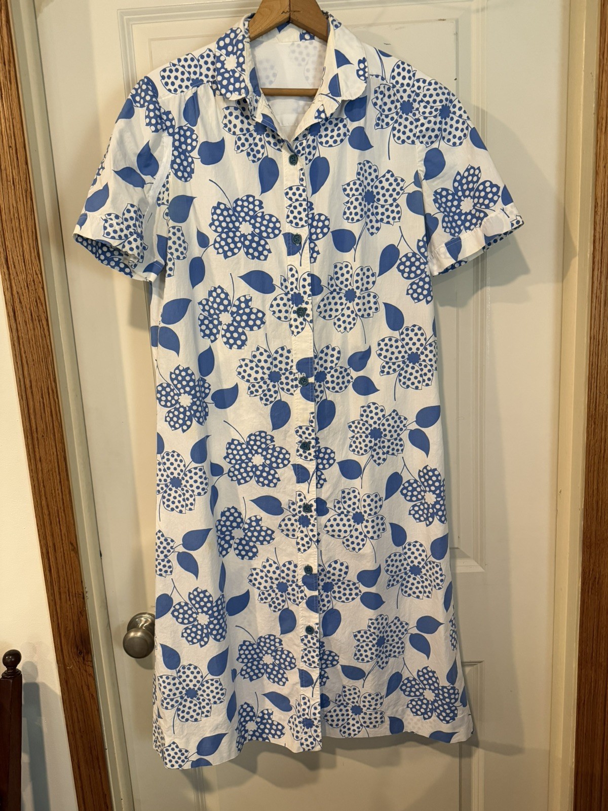 Vintage Blue & White Floral Handmade Shirt Dress House Dress Cotton Approx Sz M