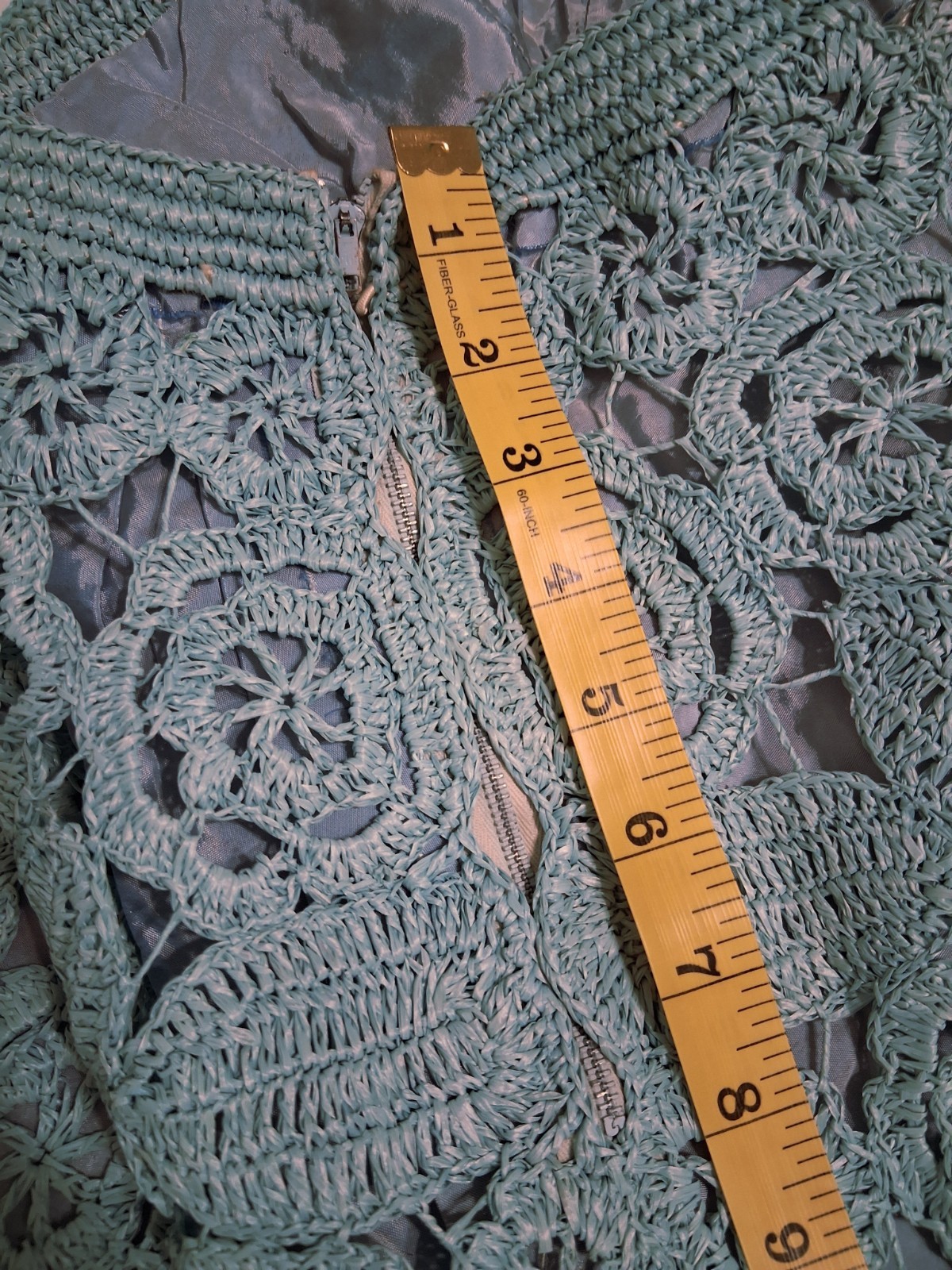 VTG 70s Handmade Crochet Floral Skirt Small 27w Blue 3D Open Knit Hippie Granny
