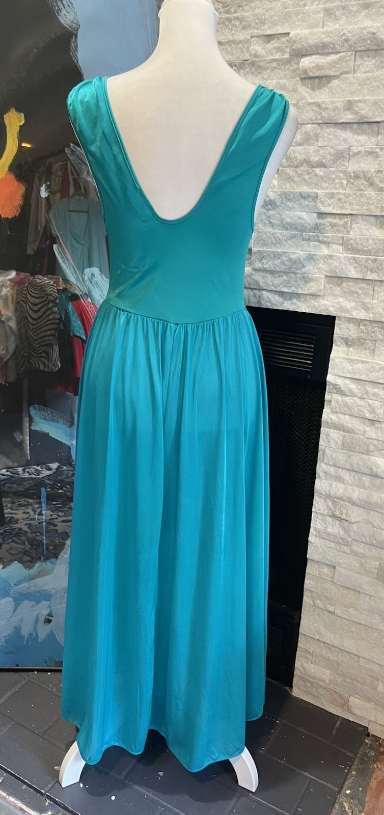 VTG Adonna Teal V Neck Nylon And Lace Silky Night Gown Lingerie Size Medium