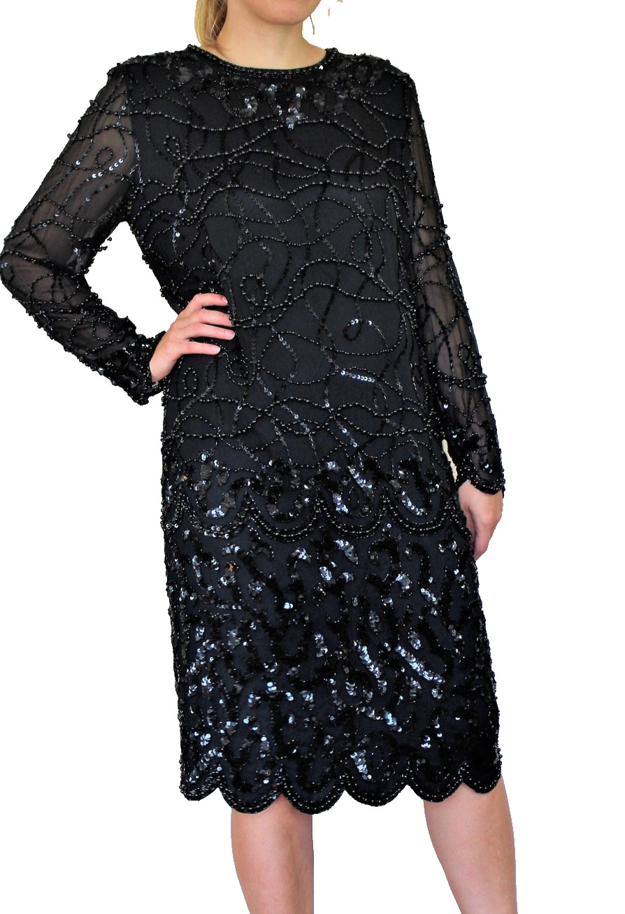 Vtg 90s Niteline Della Roufogali Cocktail Dress Black Beaded Chiffon 14 Women