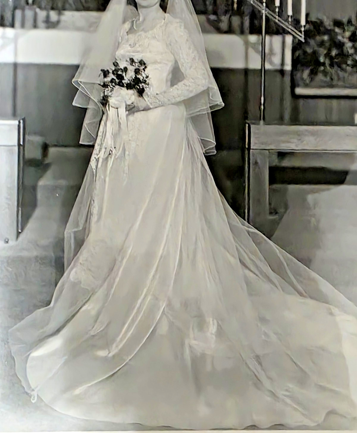 Vintage 1950s Floral Lace & Tulle Wedding Dress with train Long Sleeve Cathedral