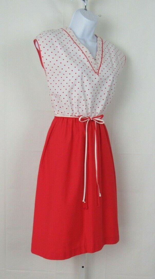 VTG 1970s SANSAGE DRESS & BELT RED WHITE POLKA DOTS BELT COTTON BLEND