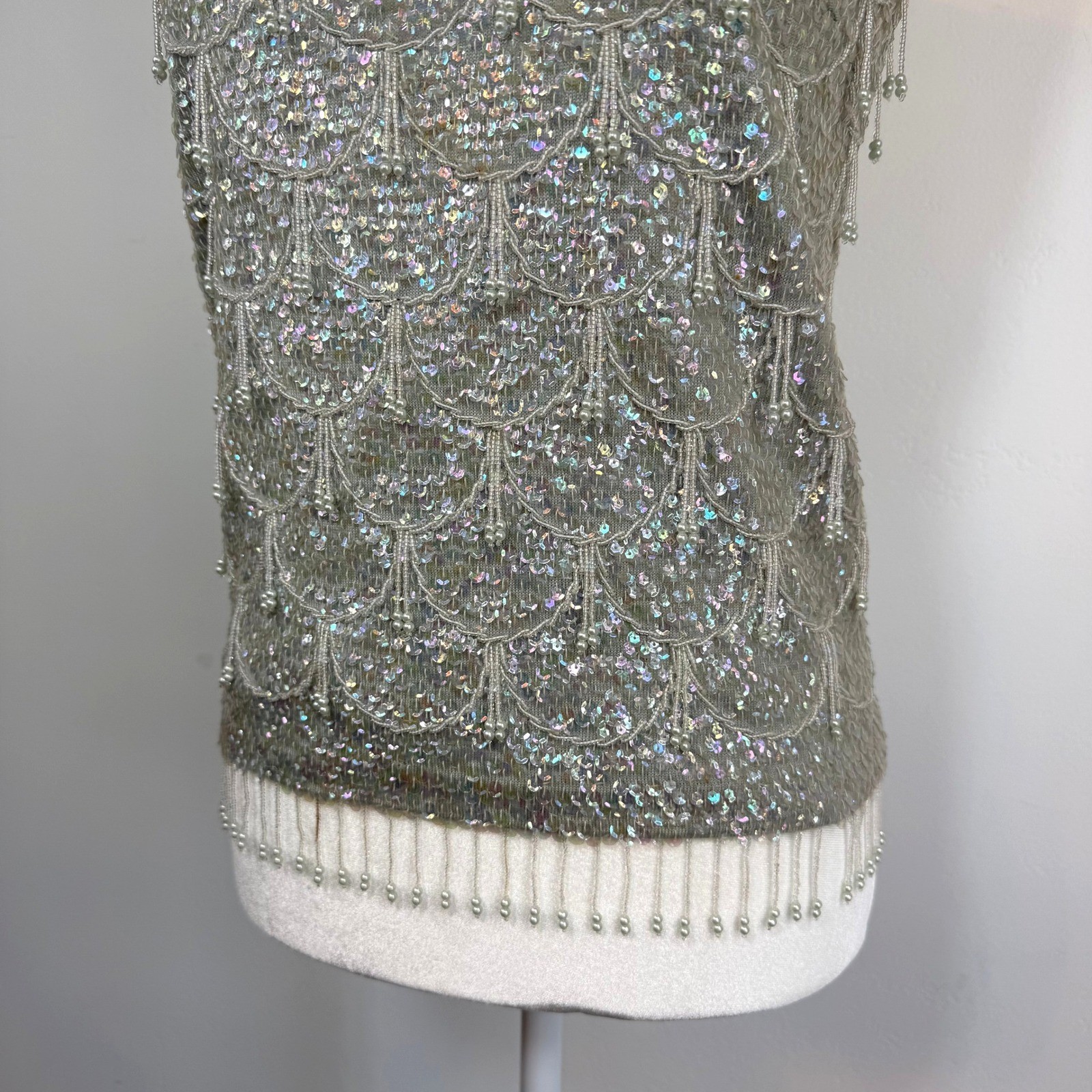 Vintage Beaded Sequin Evening Top Mermaidcore Gatsby Fairy 100% Wool Hong Kong S