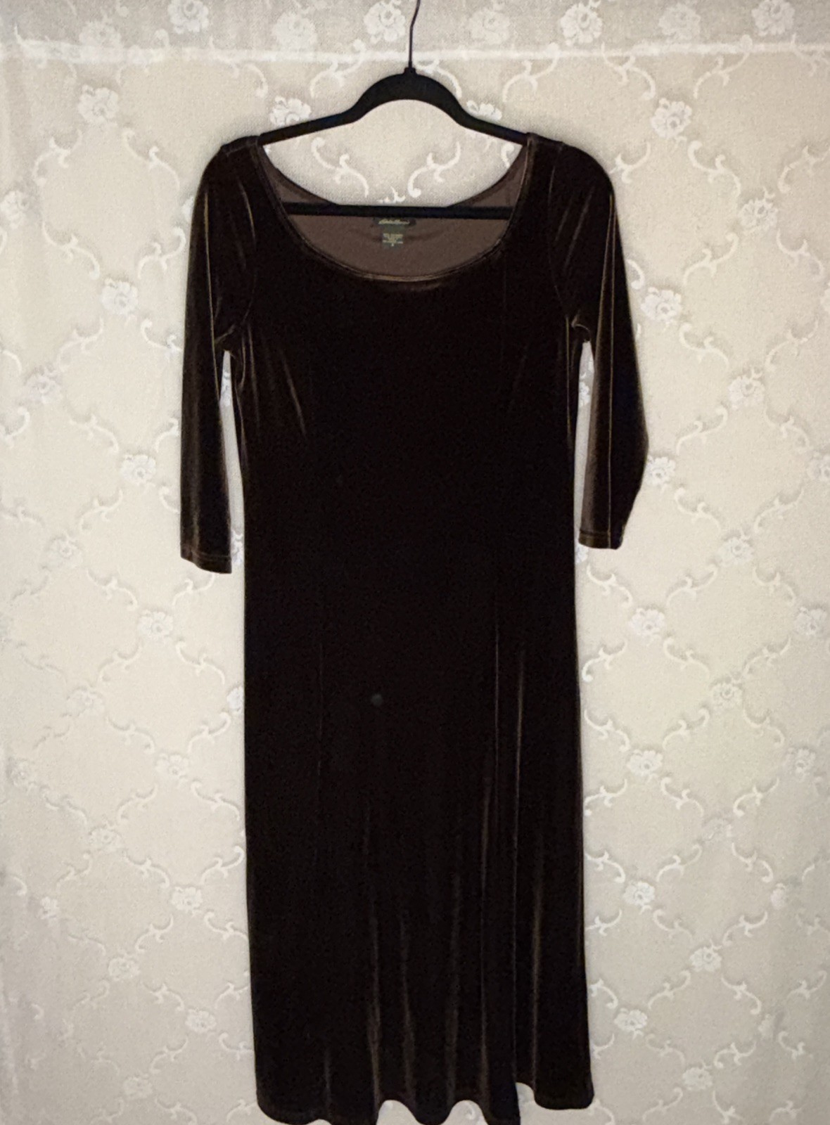 VTG Eddie Bauer Brown Flat Stretch Velvet Long Shift Dress Size Medium 36 Bust