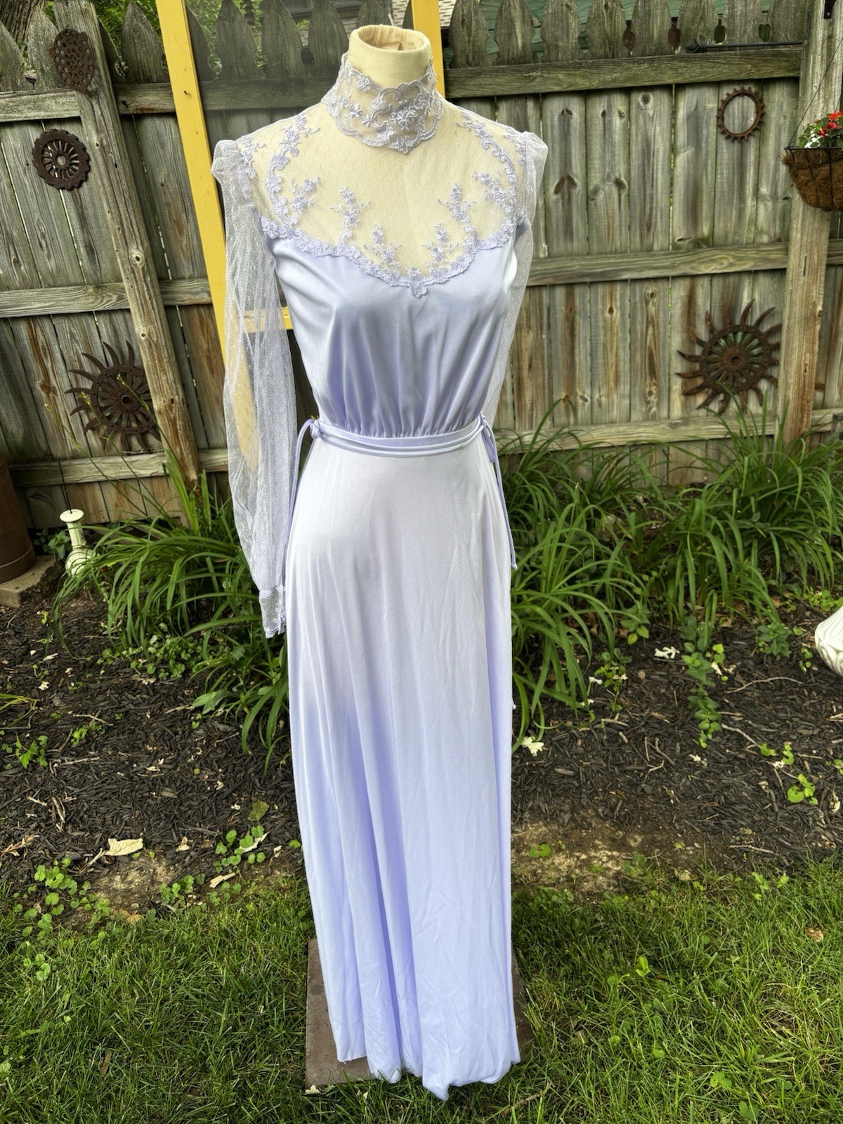VTG 70s Dress Maxi Polyester Formal Bridesmaid Wedding Purple Sheer Eve Milady