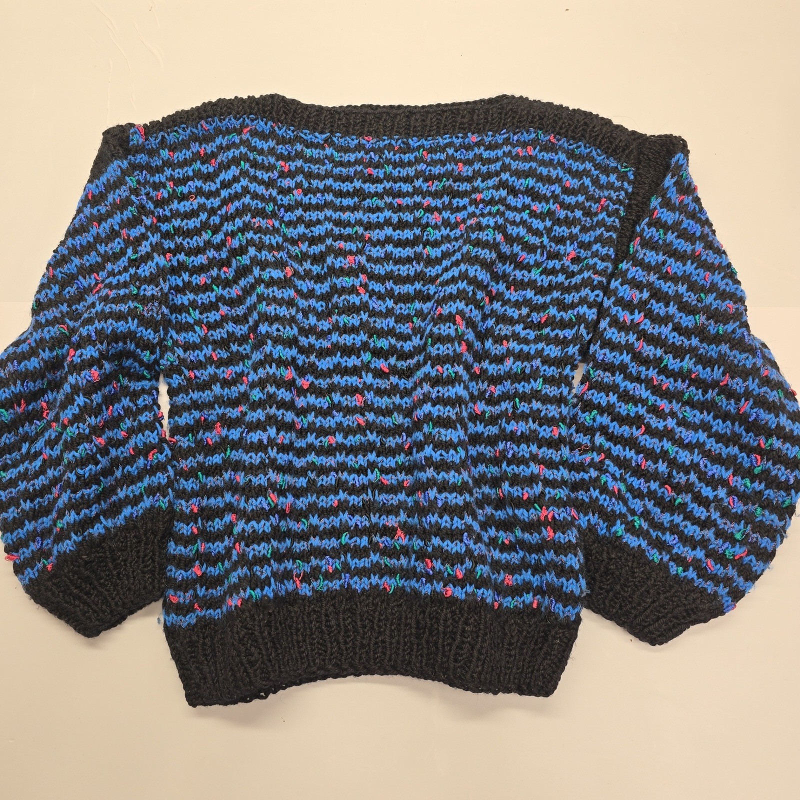 Vintage Hand Knit Striped Pullover Sweater Blue Black Pink Confetti Speckled