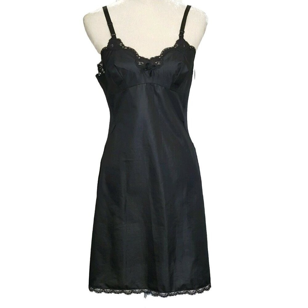 Sears Vintage Non Cling Dress Full Slip Size 34 Black Satin Lace Empire Waist