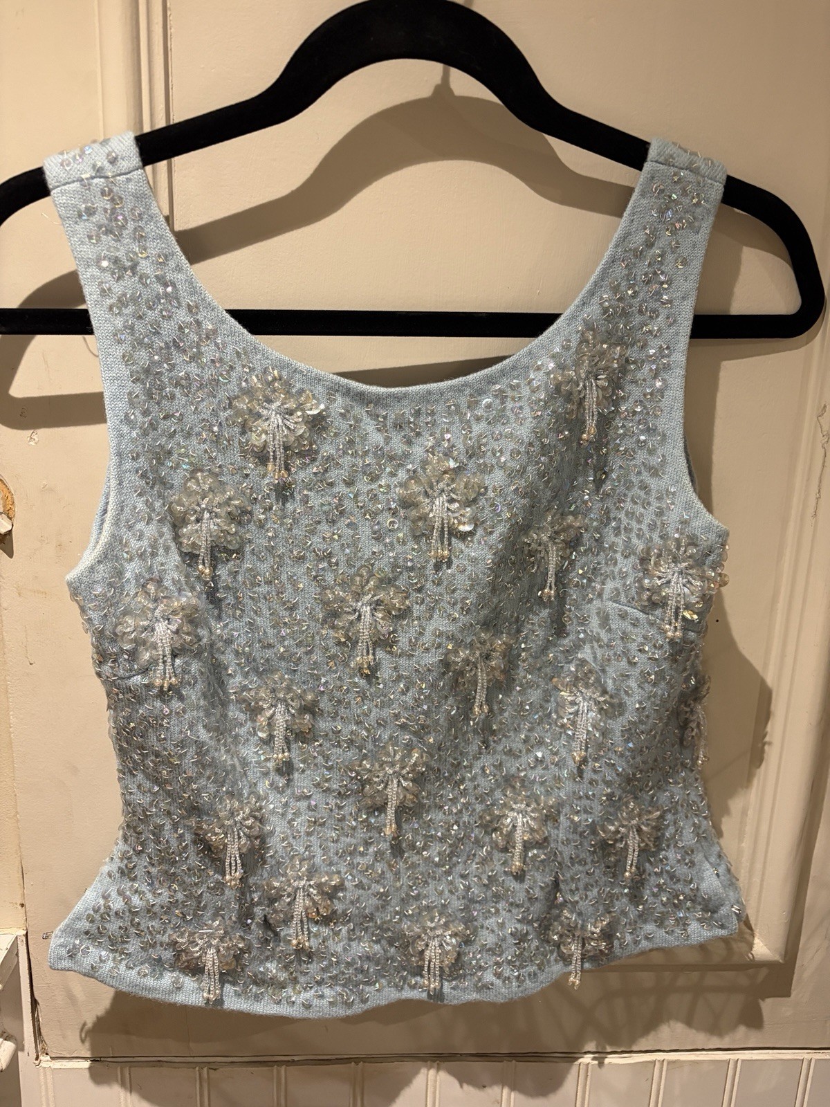 VTG 1950’S/60’S Beaded Shell Top. Icy Blue W/ Clusters Of Beads And Sequins Sz M