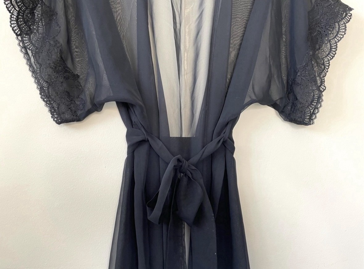 Vintage Black Silk Chiffon & Lace Lingerie Robe Size Small