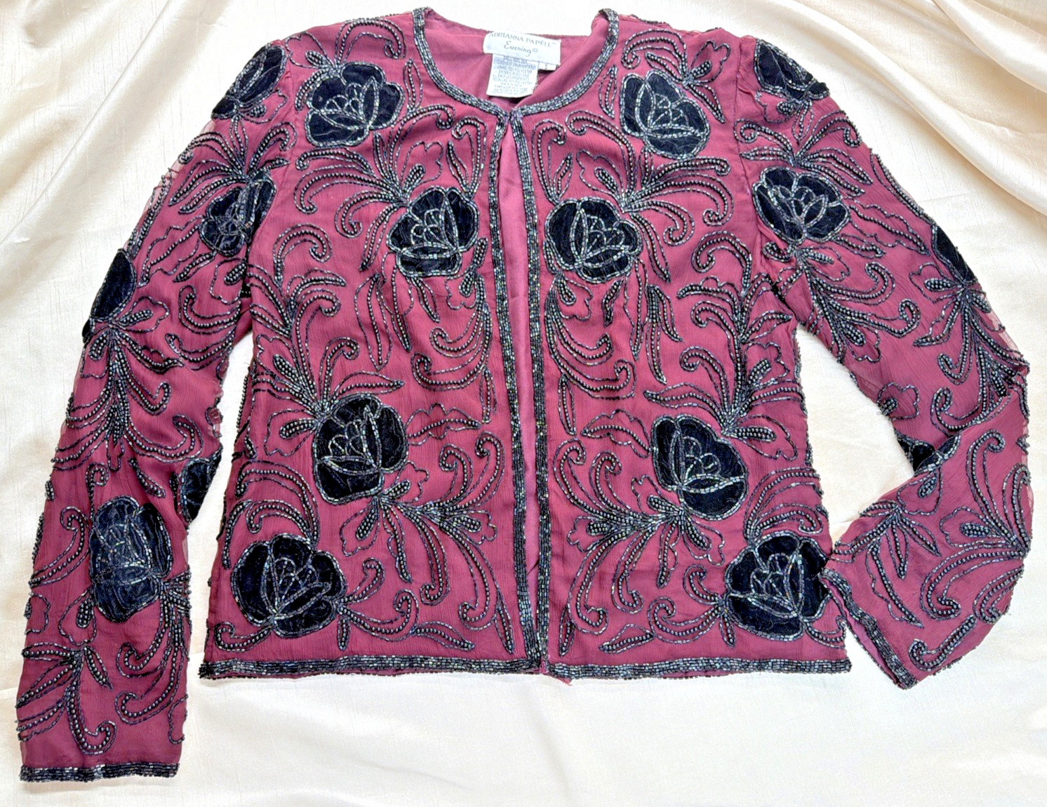 Adrianna Papell Silk Beaded Ornate Evening Jacket Small Burgundy Black Velvet