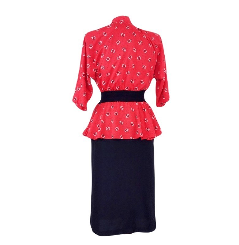 Vintage 80s/40s Dress Small Red Black Jersey Knit Peplum Dolman Sleeve