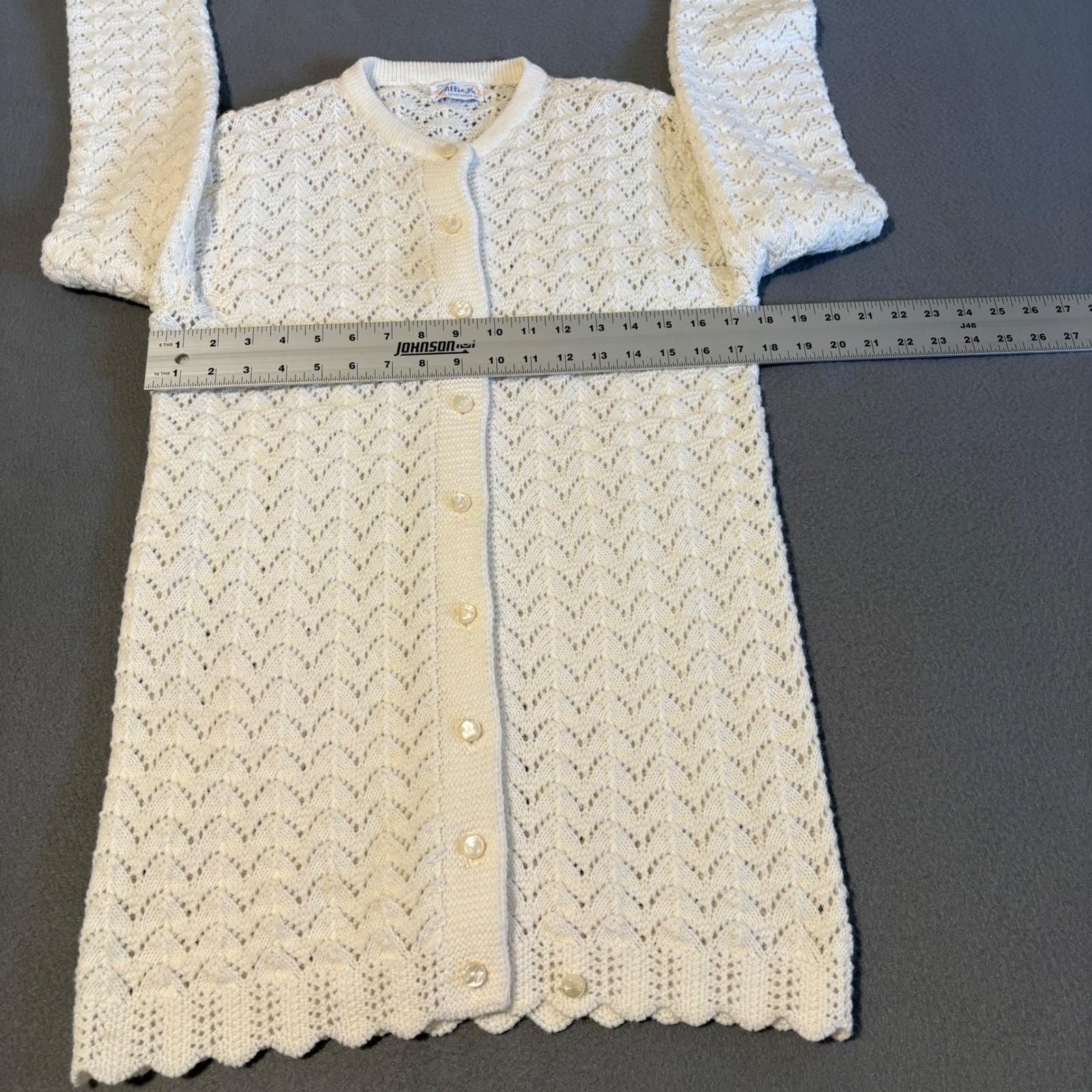 Vintage 60s Billie Jo Cardigan Sweater Women M Ivory Pointelle Knit Scallop USA